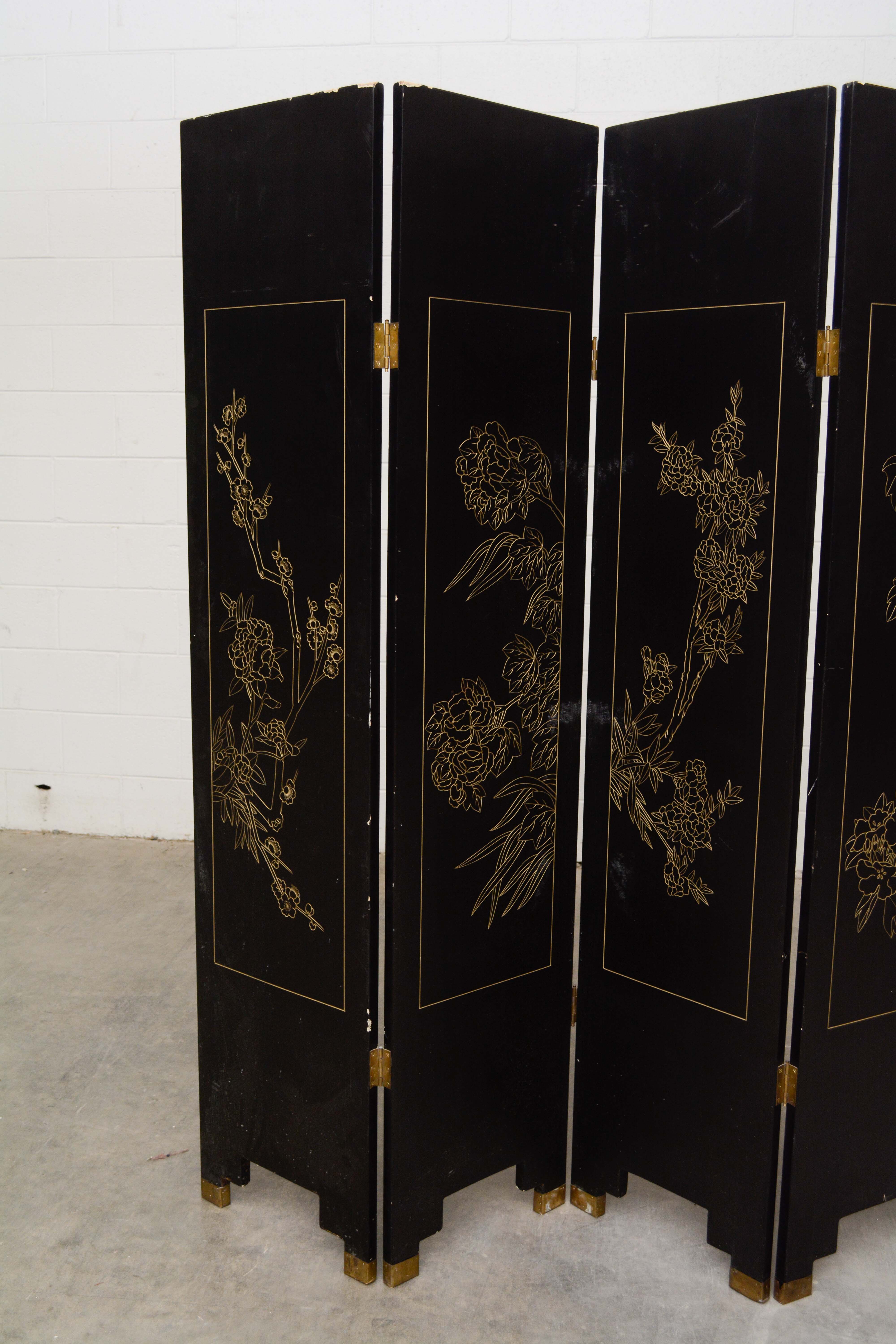 Chinese Black Lacquer and Paint-Decorated Four-Panel Screen, 20th Century