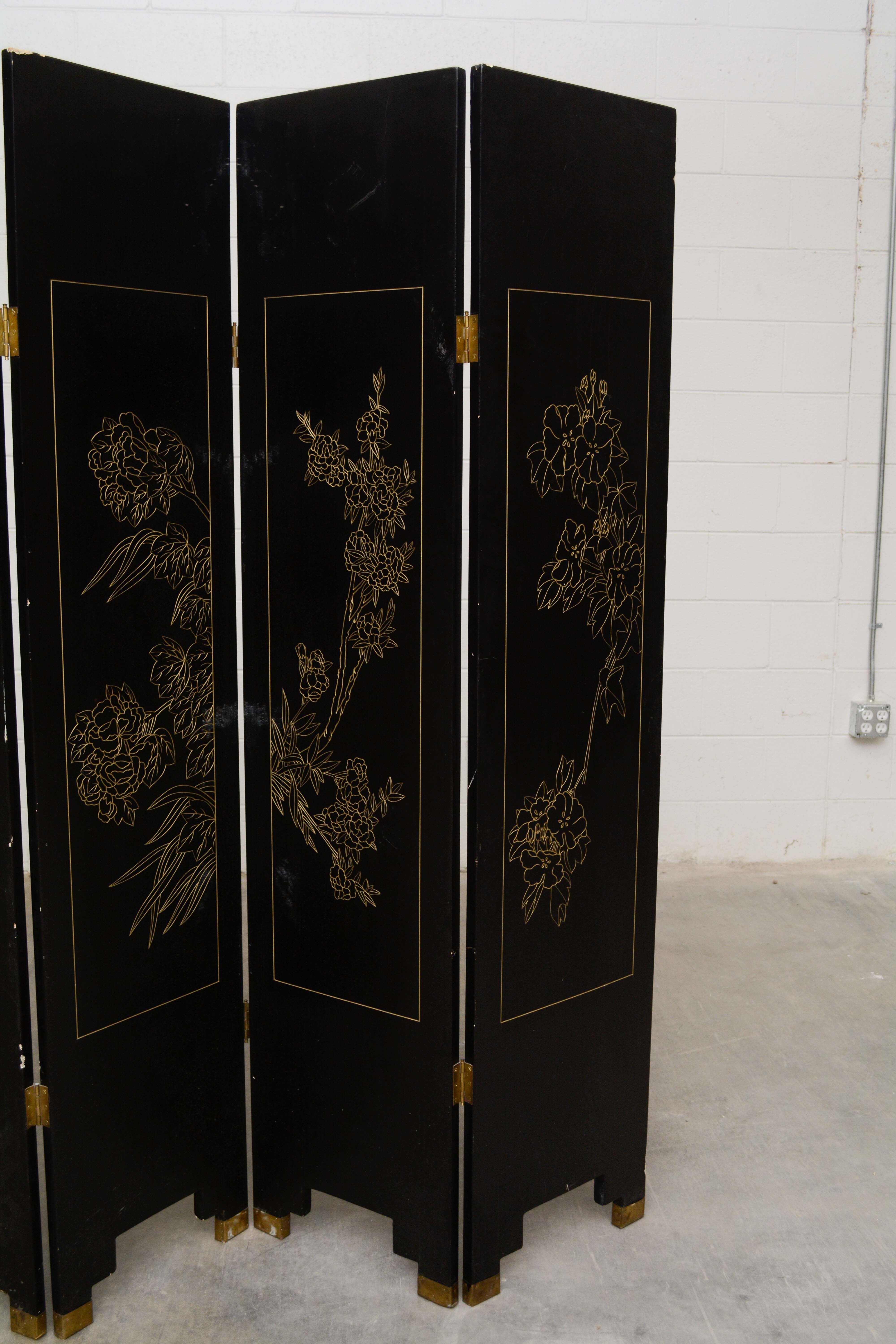 Chinese Black Lacquer and Paint-Decorated Four-Panel Screen, 20th Century