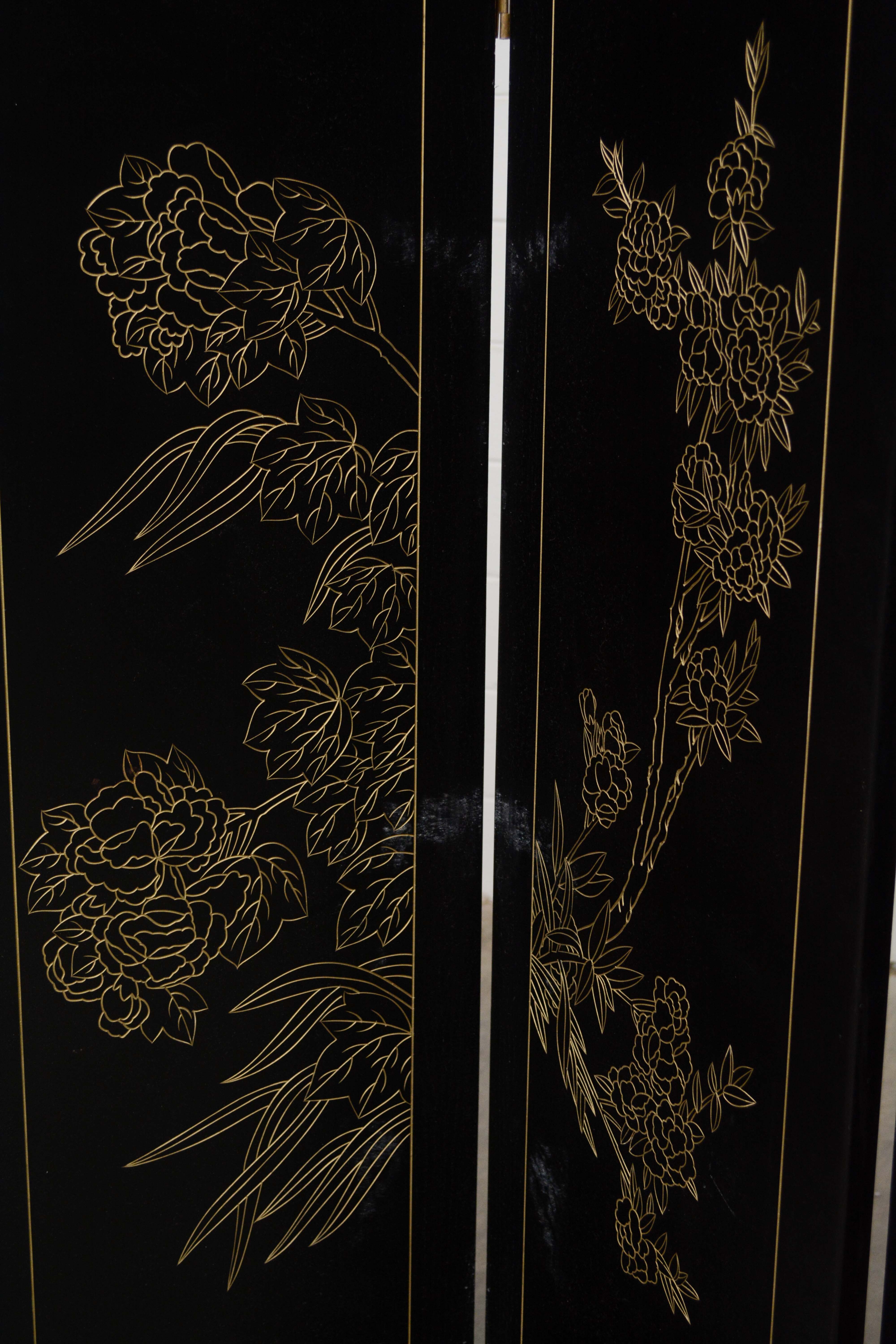 Chinese Black Lacquer and Paint-Decorated Four-Panel Screen, 20th Century