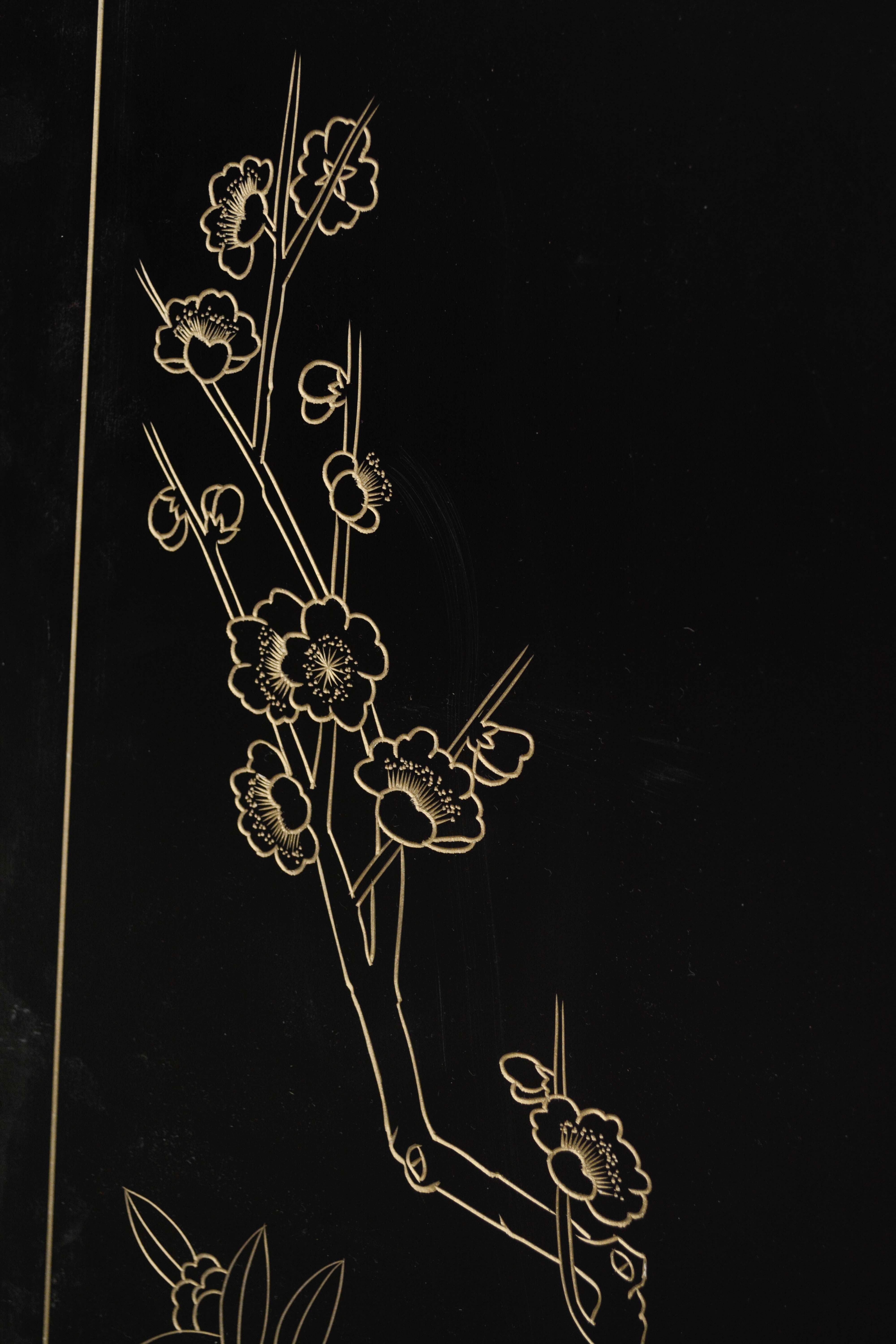 Chinese Black Lacquer and Paint-Decorated Four-Panel Screen, 20th Century