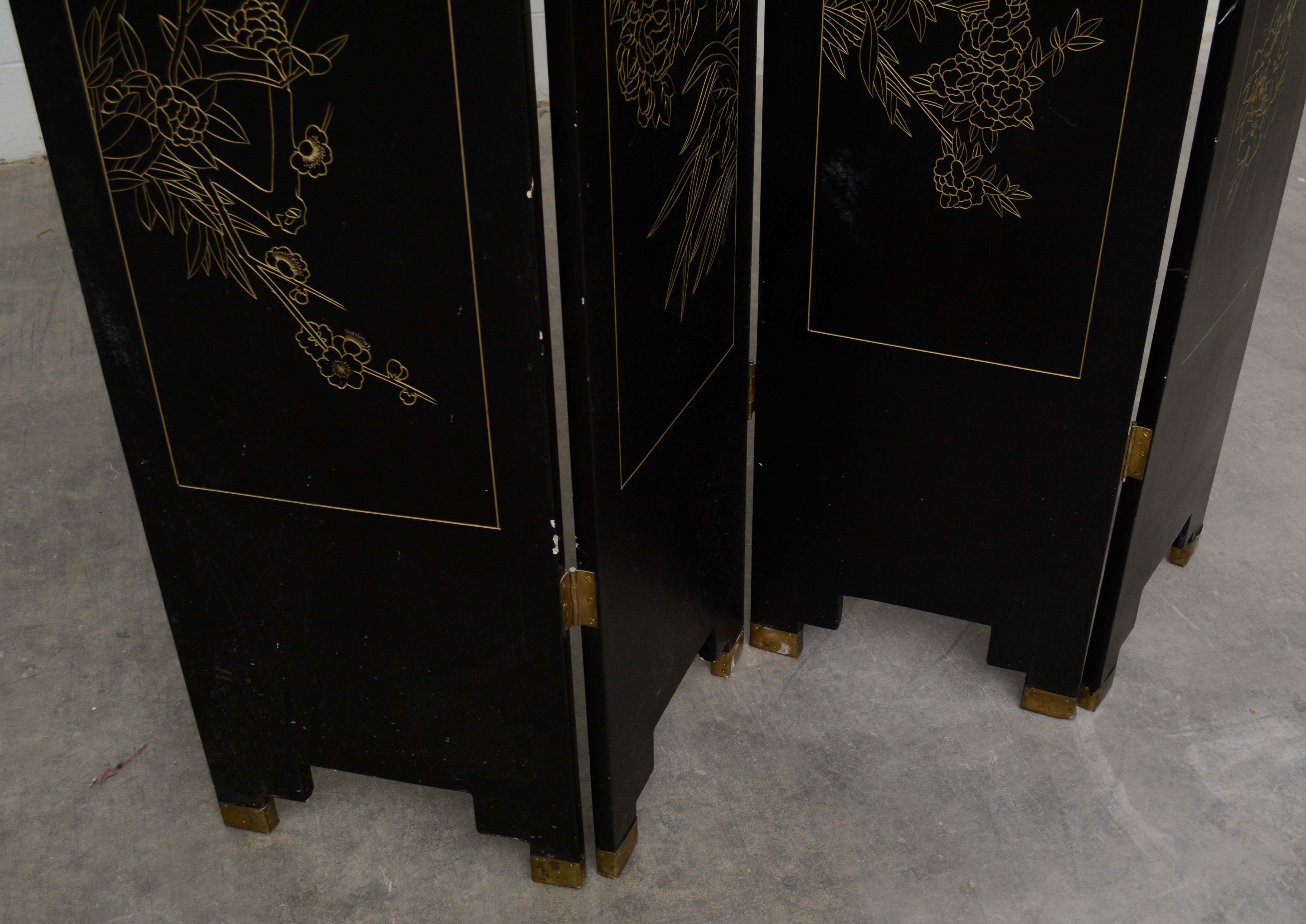 Chinese Black Lacquer and Paint-Decorated Four-Panel Screen, 20th Century