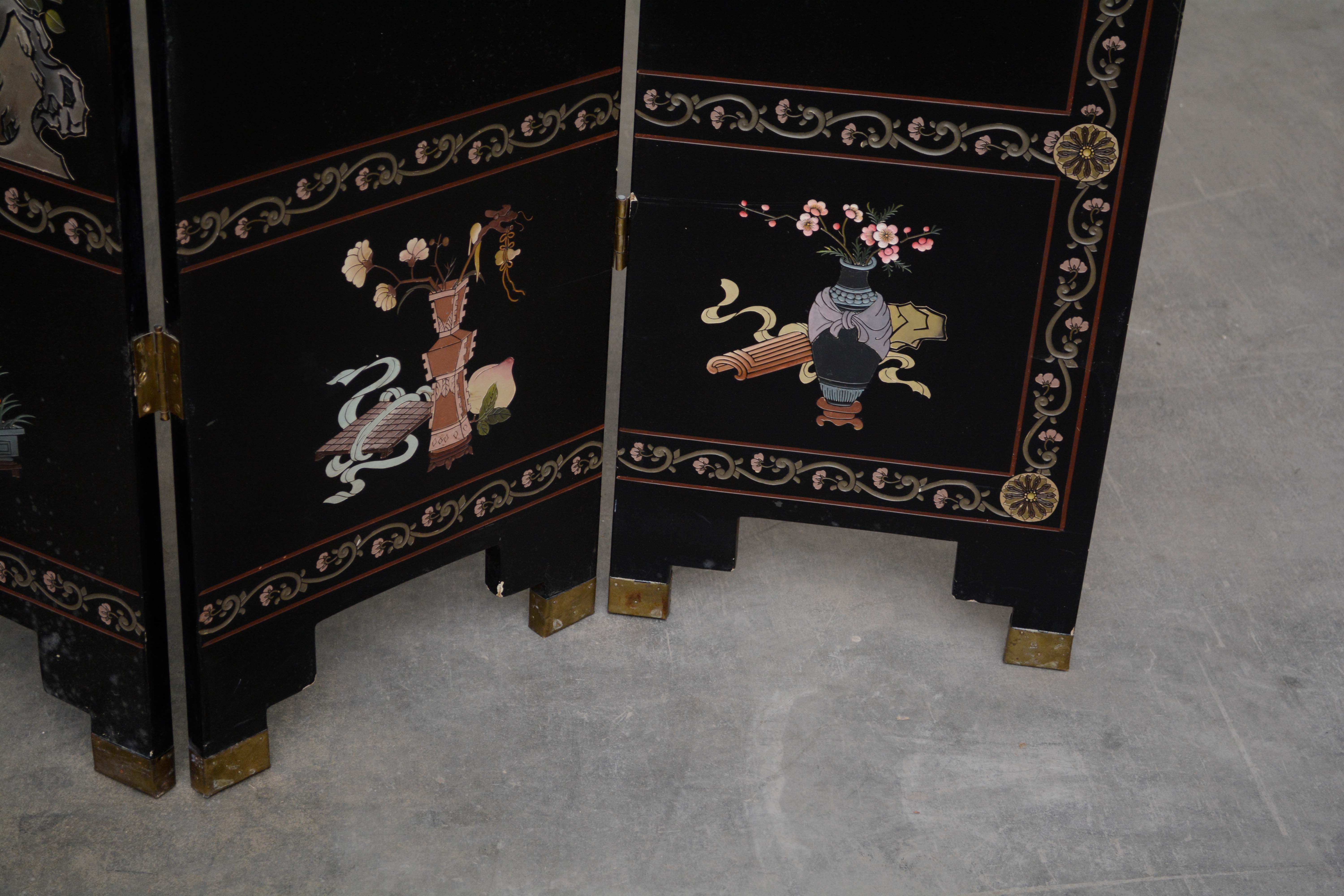 Chinese Black Lacquer and Paint-Decorated Four-Panel Screen, 20th Century