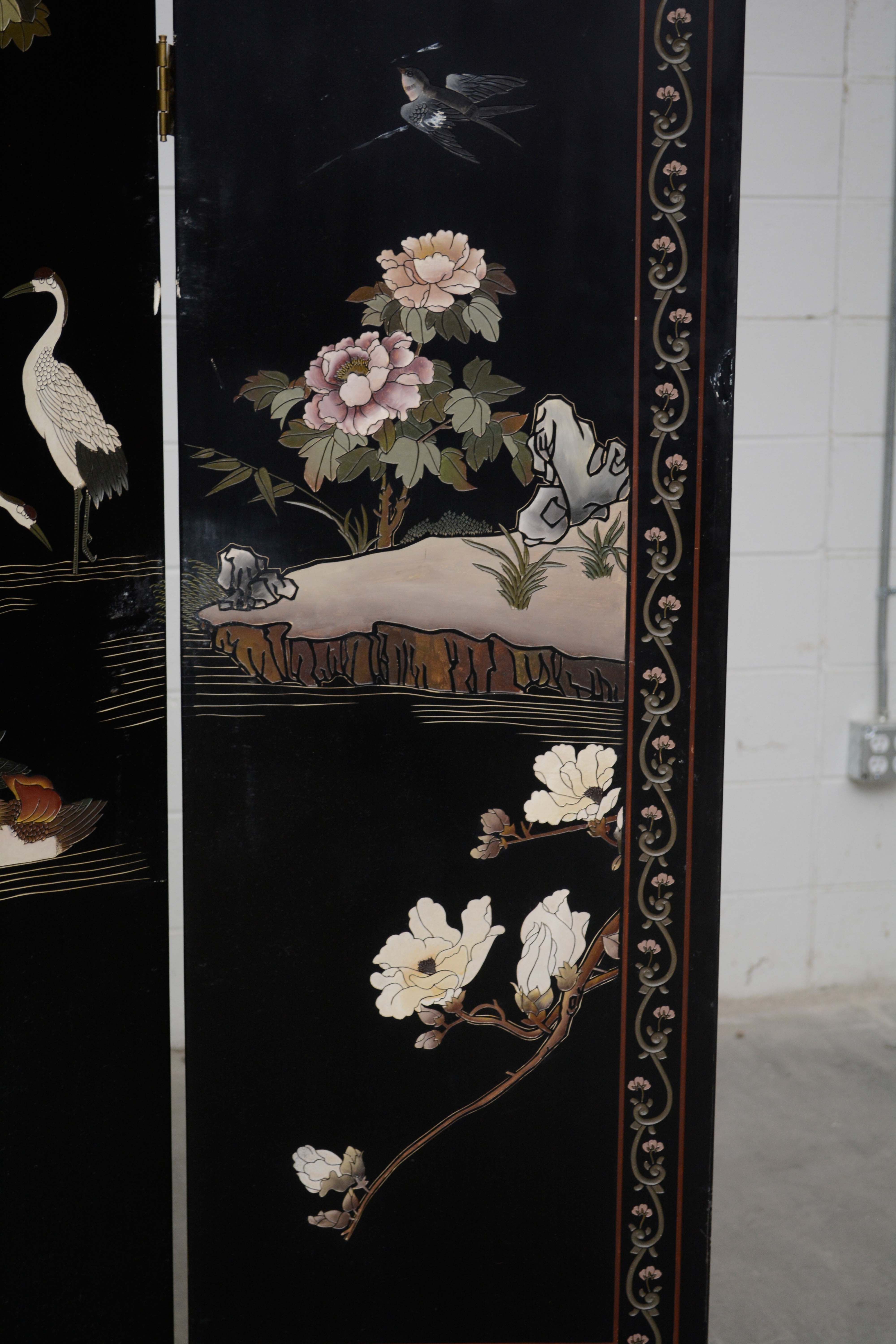 Chinese Black Lacquer and Paint-Decorated Four-Panel Screen, 20th Century
