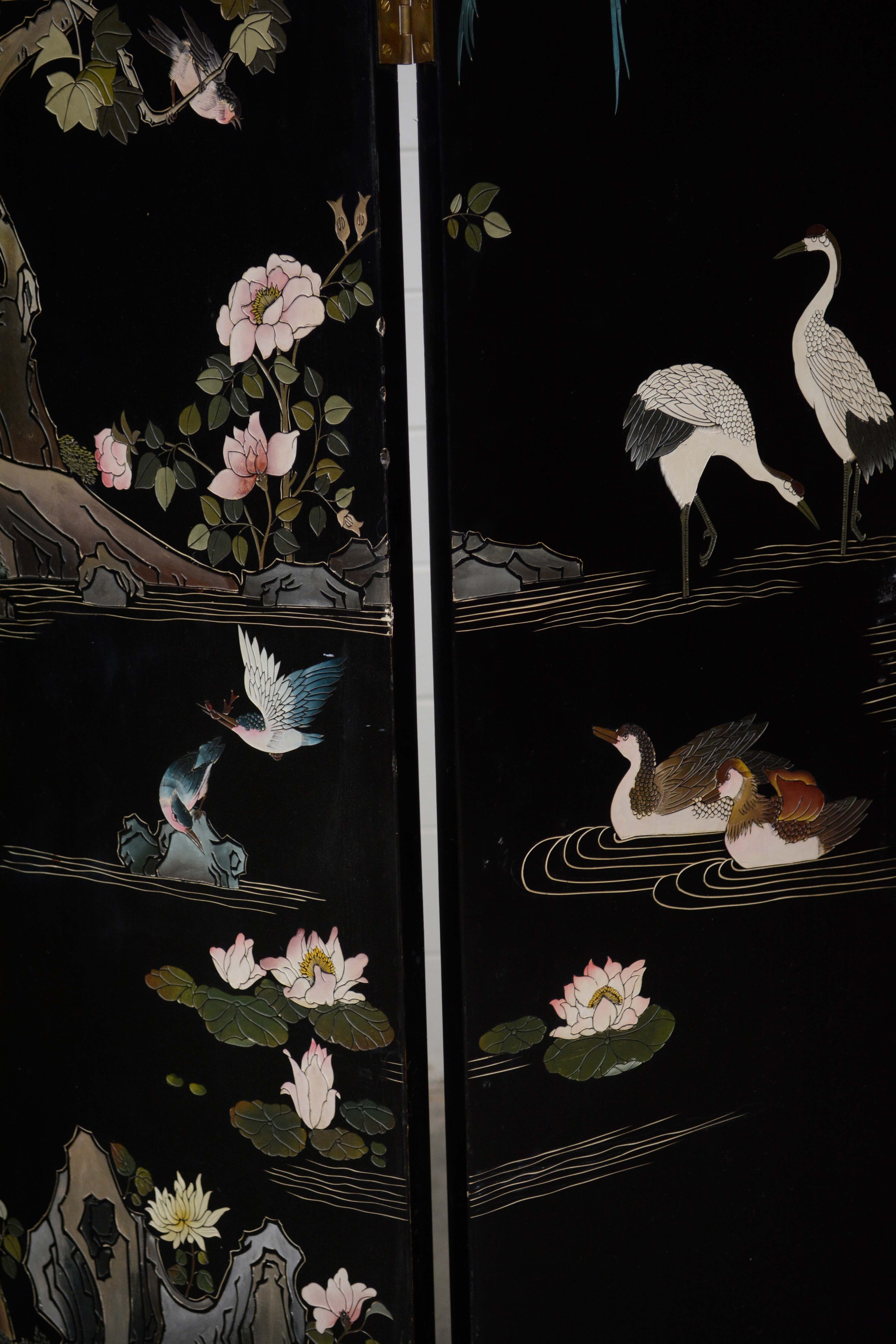 Chinese Black Lacquer and Paint-Decorated Four-Panel Screen, 20th Century
