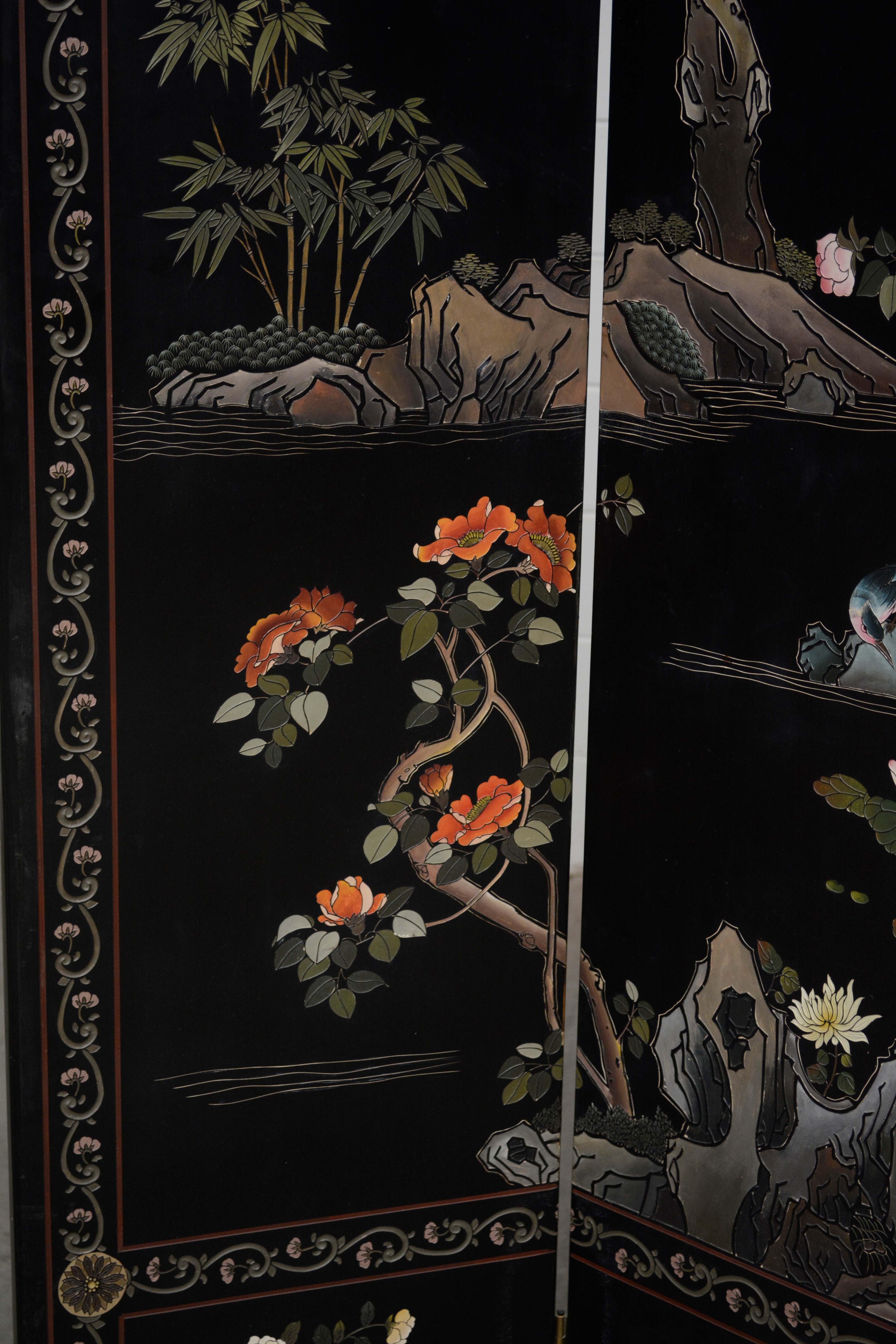 Chinese Black Lacquer and Paint-Decorated Four-Panel Screen, 20th Century