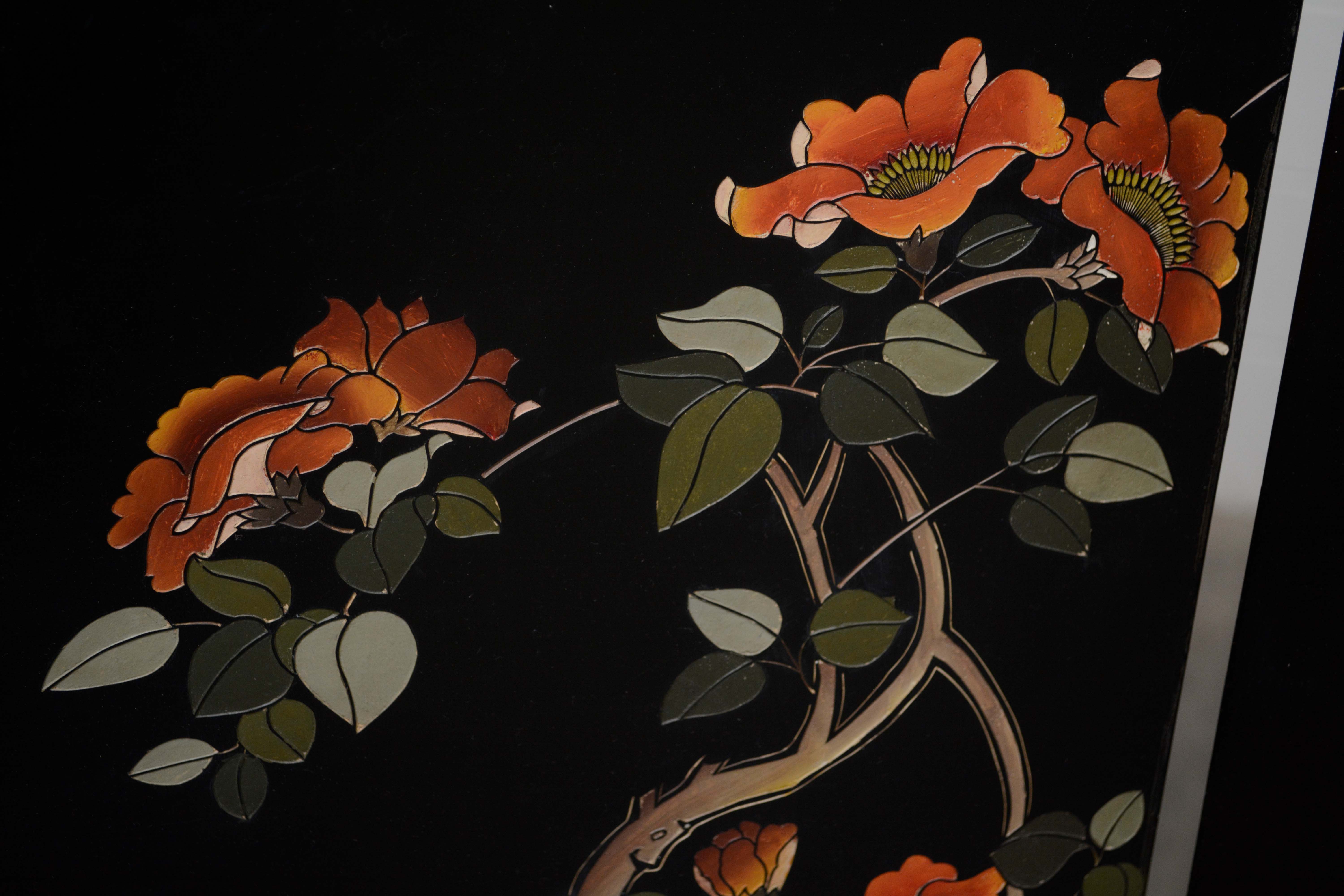 Chinese Black Lacquer and Paint-Decorated Four-Panel Screen, 20th Century