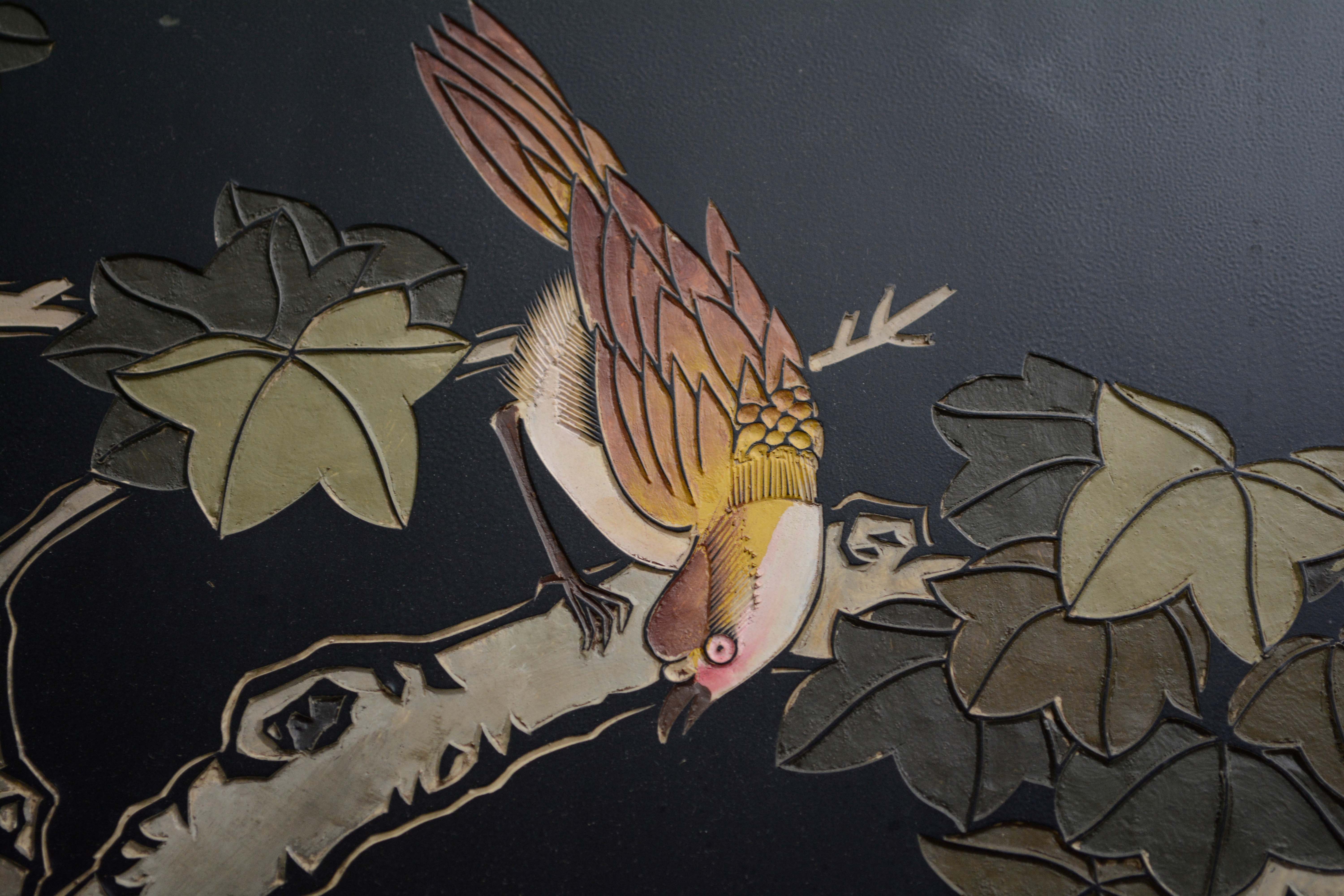 Chinese Black Lacquer and Paint-Decorated Four-Panel Screen, 20th Century