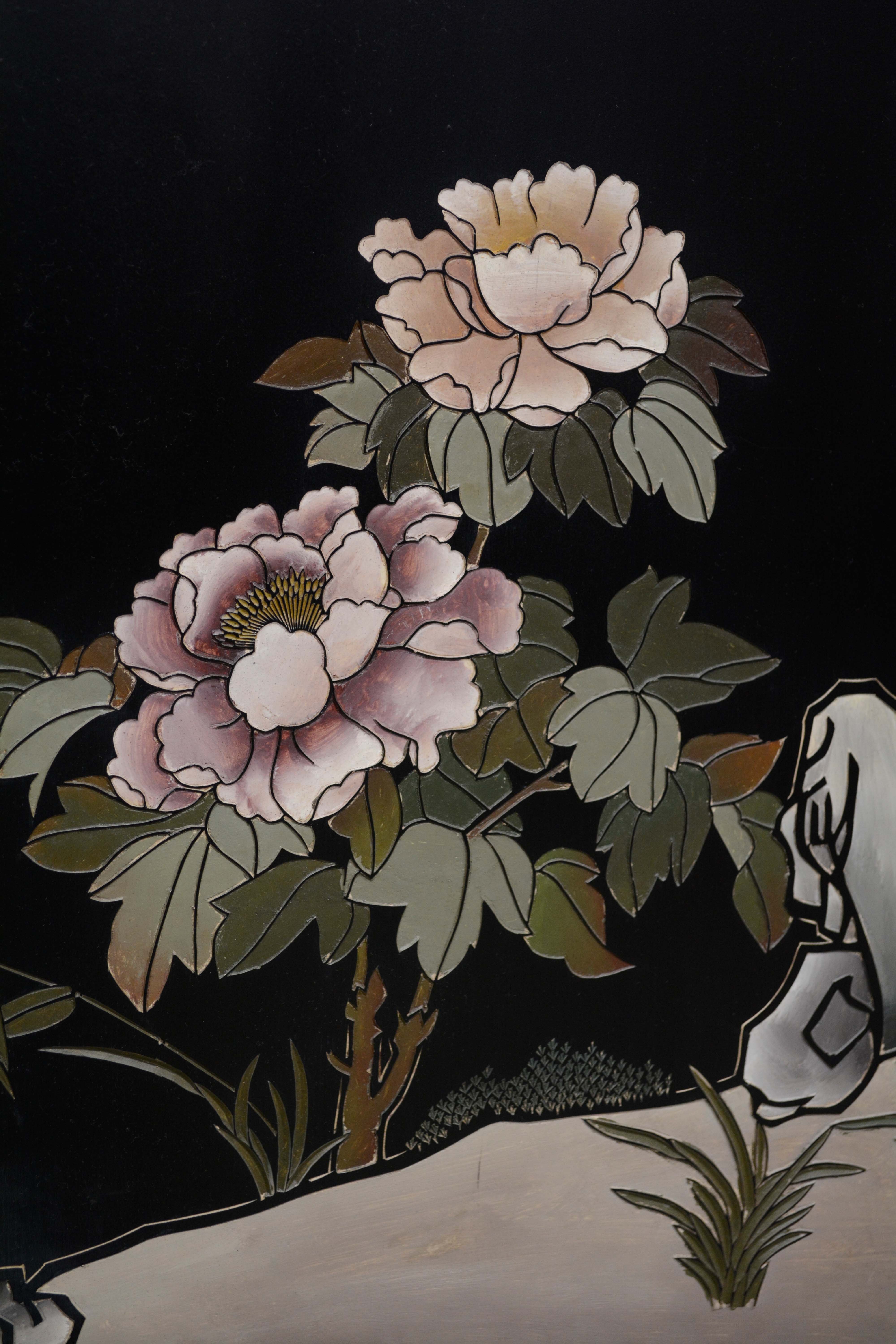Chinese Black Lacquer and Paint-Decorated Four-Panel Screen, 20th Century