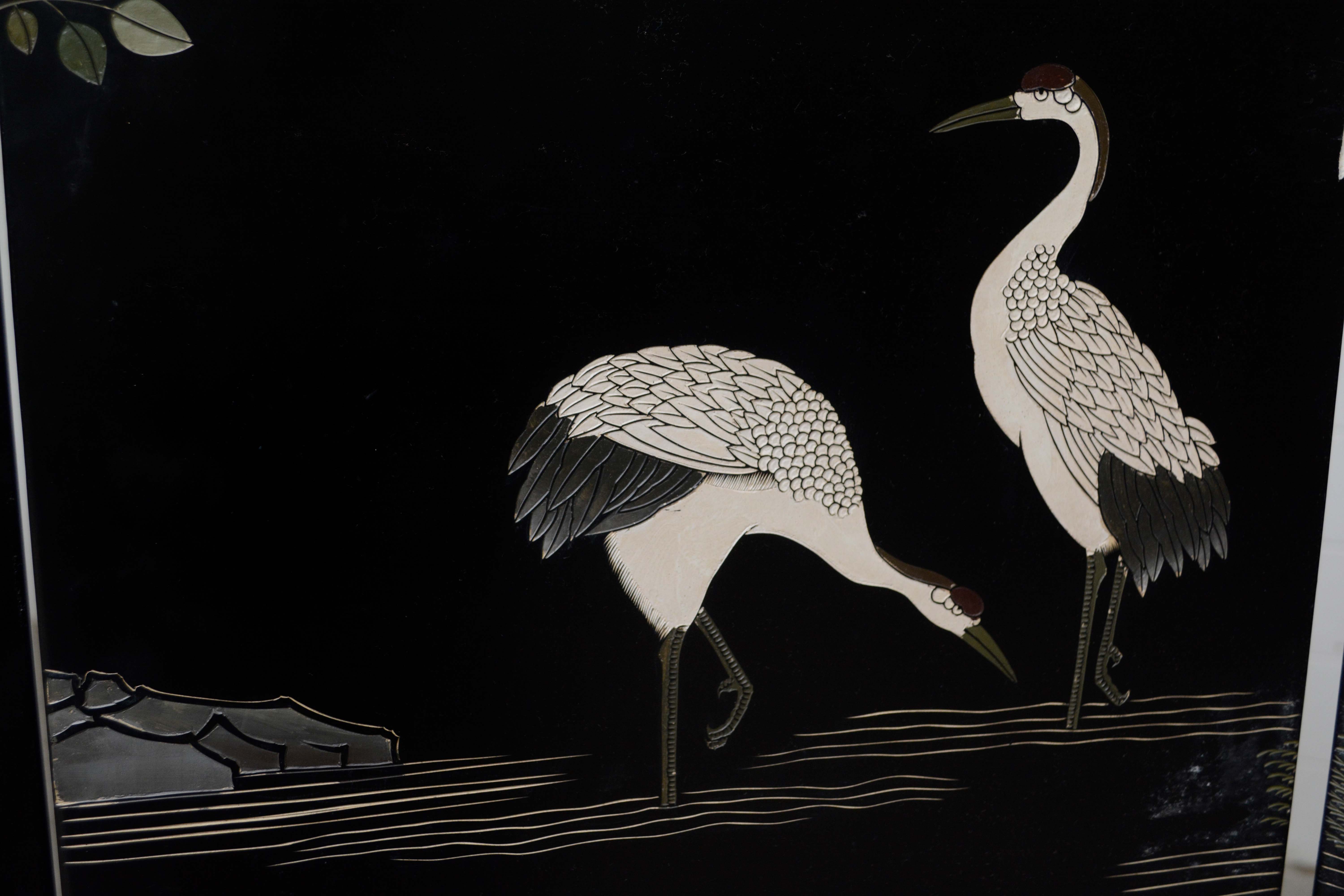 Chinese Black Lacquer and Paint-Decorated Four-Panel Screen, 20th Century