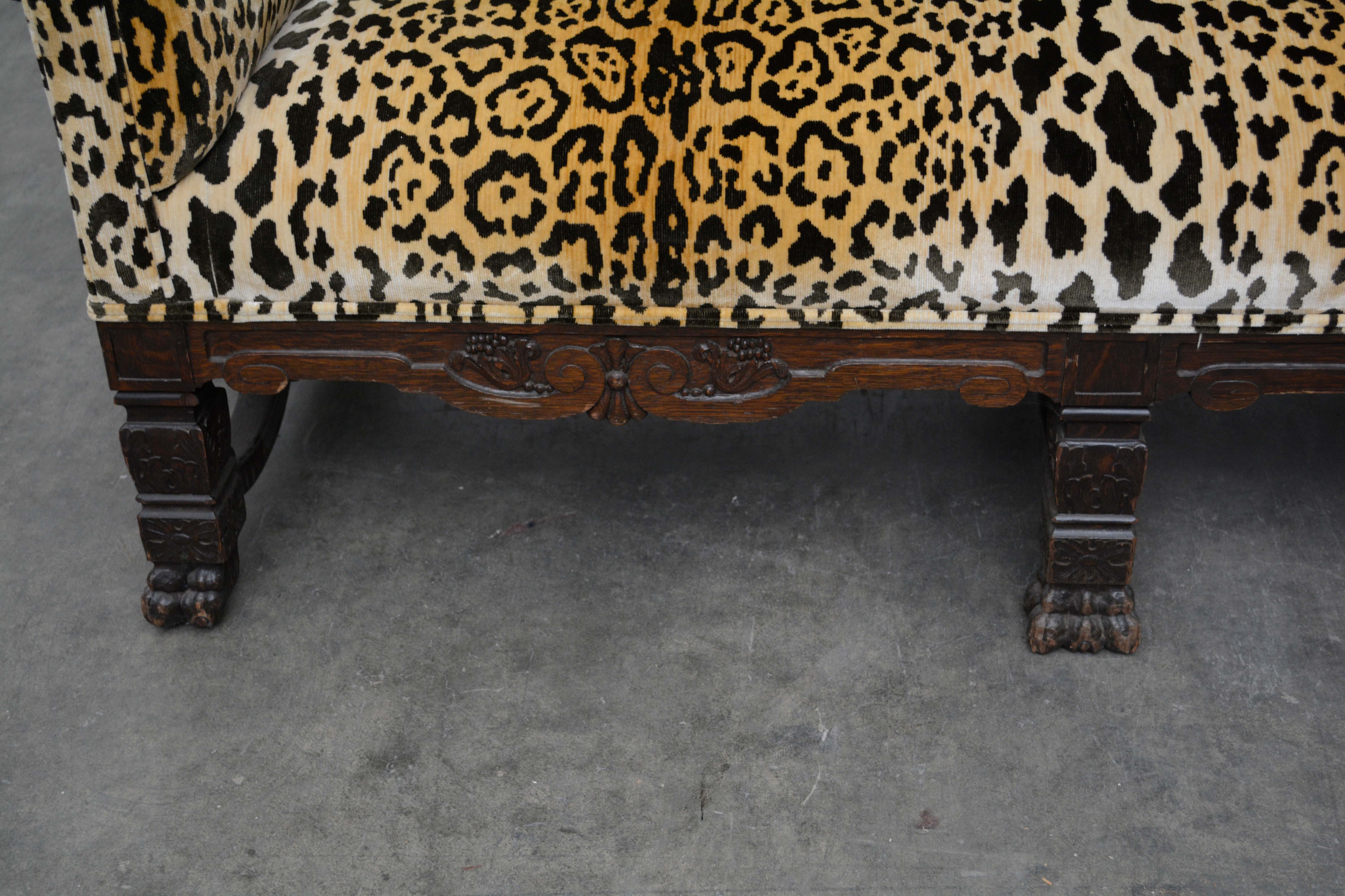 English Oak Settee with Scalamandre Upholstery, Early 20th Century