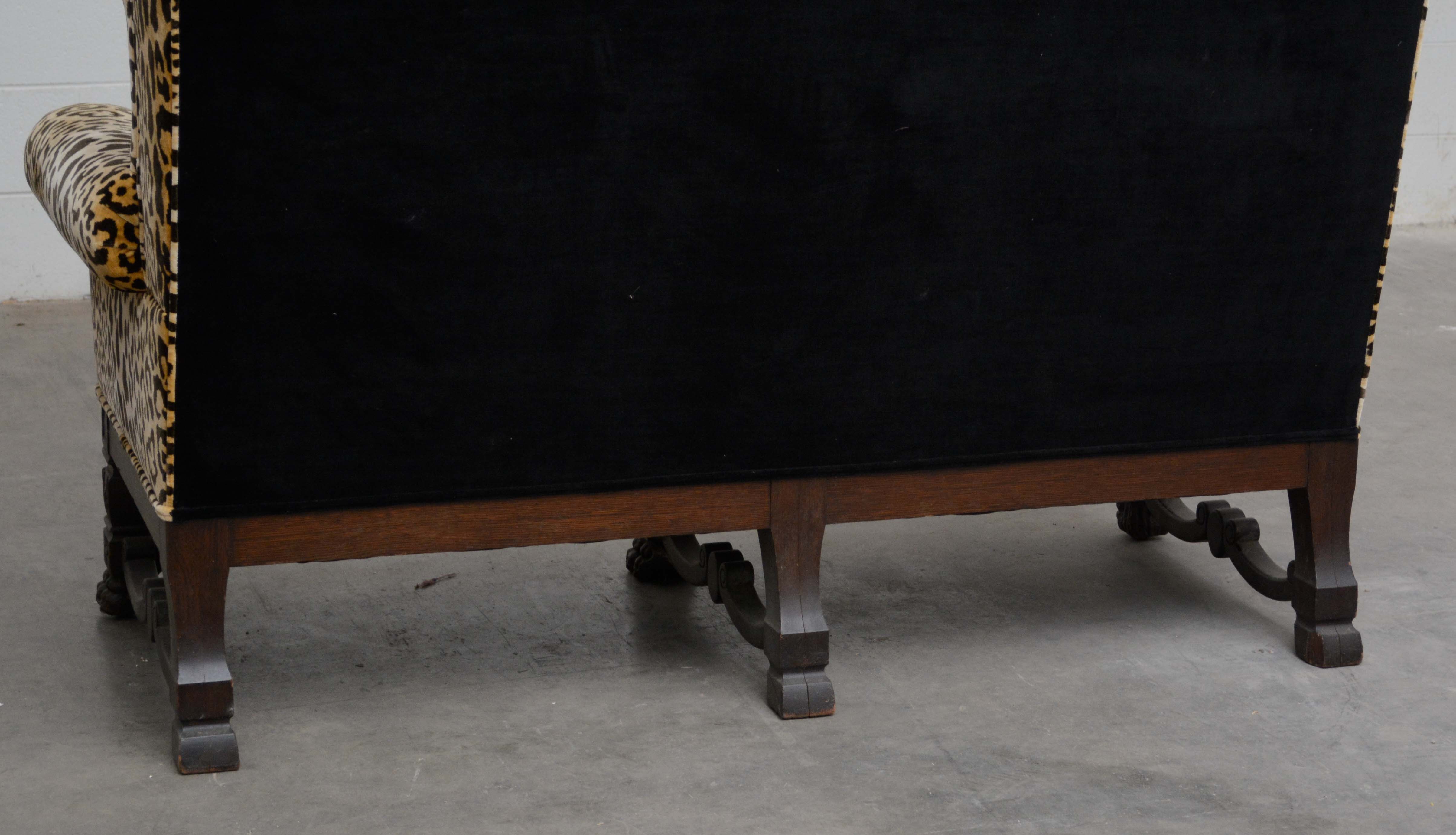 English Oak Settee with Scalamandre Upholstery, Early 20th Century