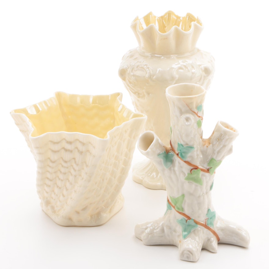 Assorted Belleek Porcelain Including a Tree Trunk Spill Vase, Late 19th Century