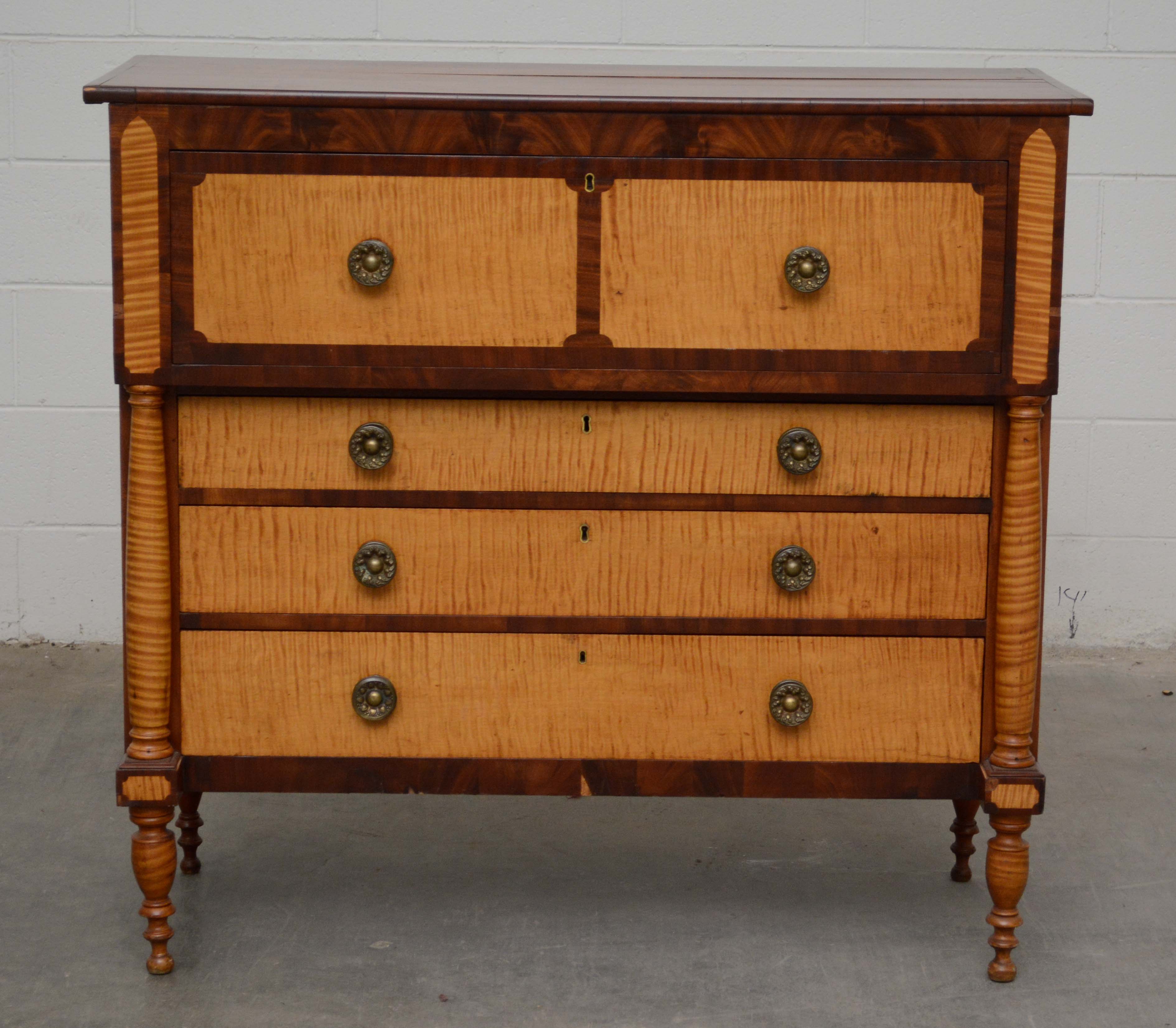 American Empire Tiger Maple and Mahogany Chest of Drawers, Mid-19th Century