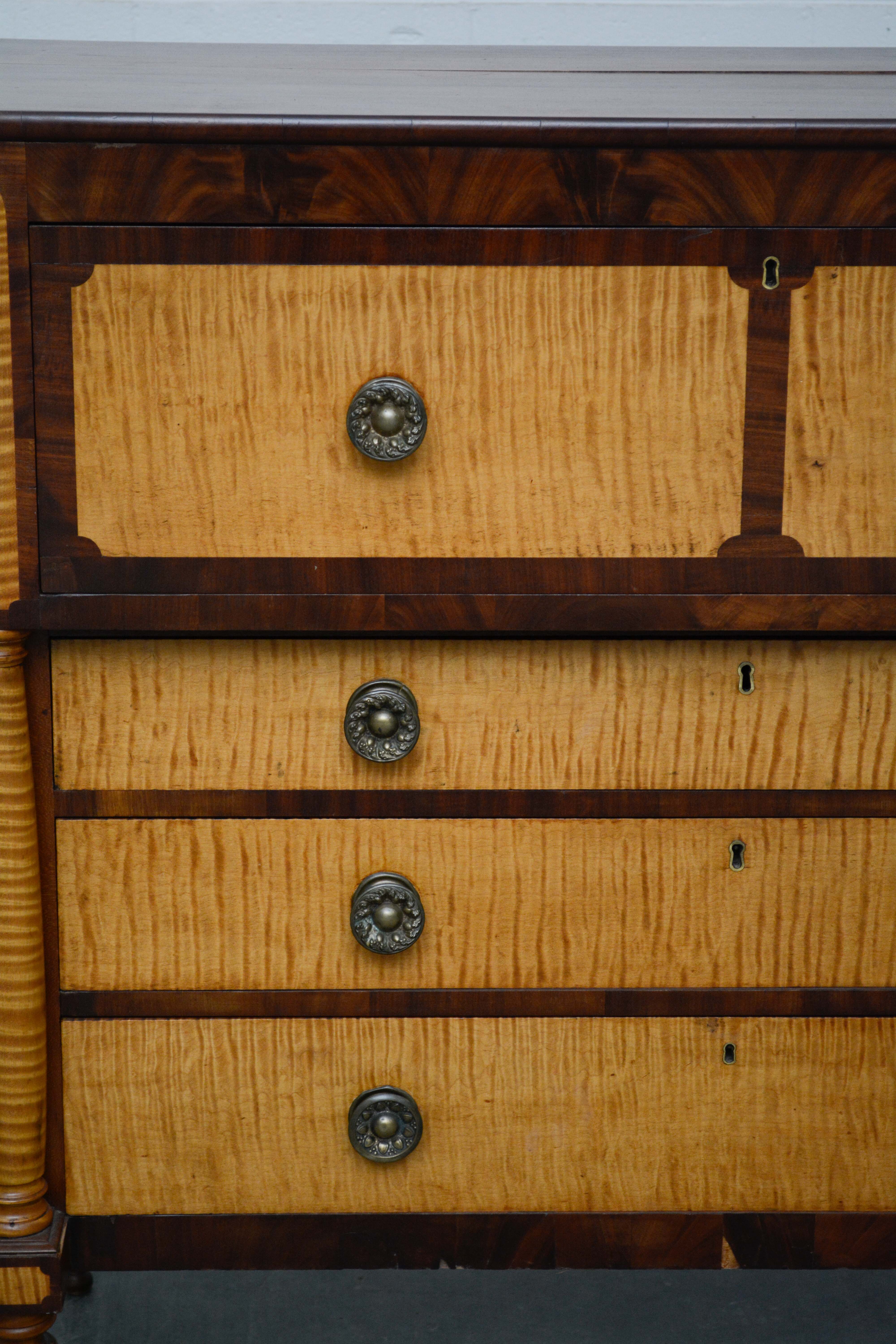 American Empire Tiger Maple and Mahogany Chest of Drawers, Mid-19th Century