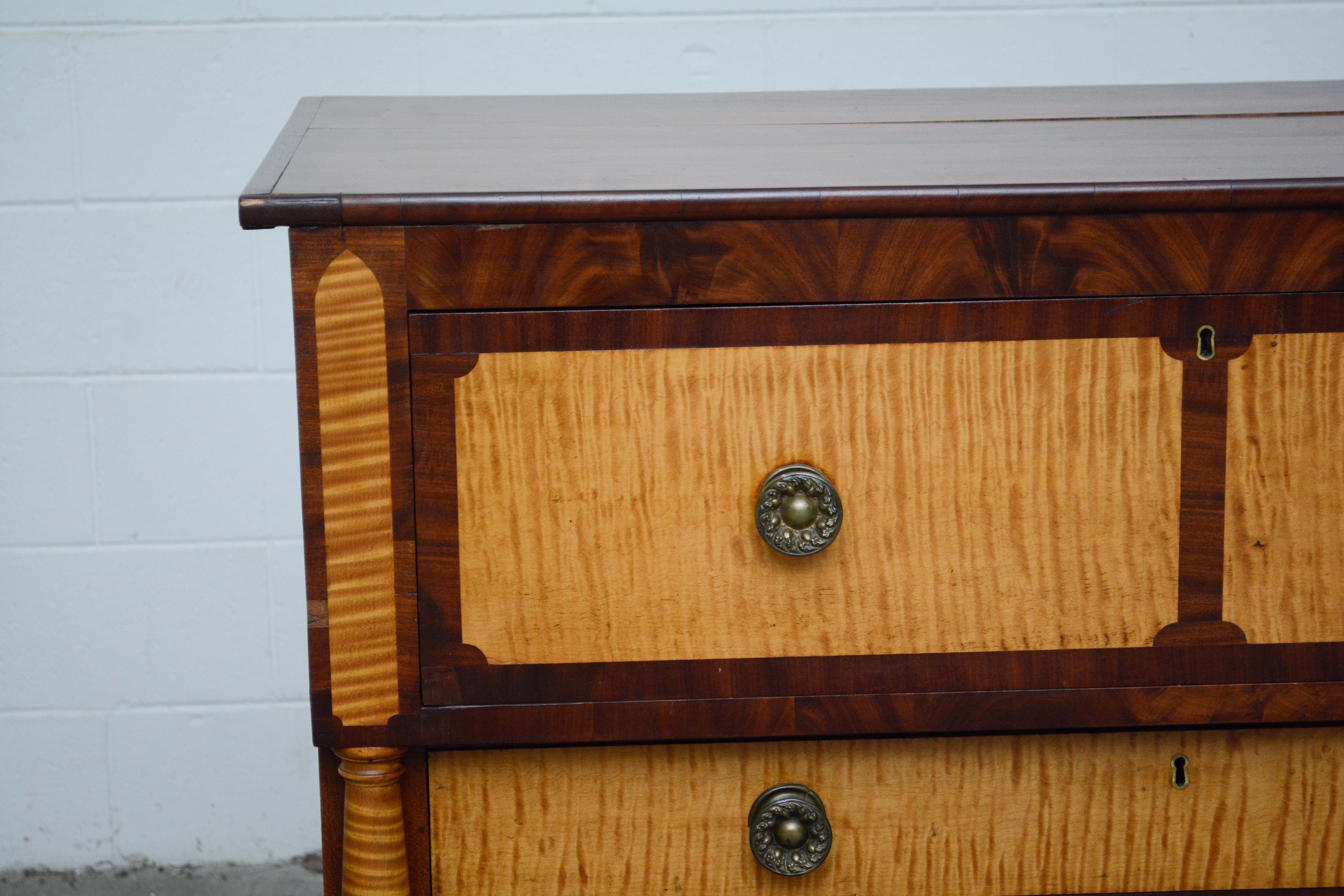 American Empire Tiger Maple and Mahogany Chest of Drawers, Mid-19th Century