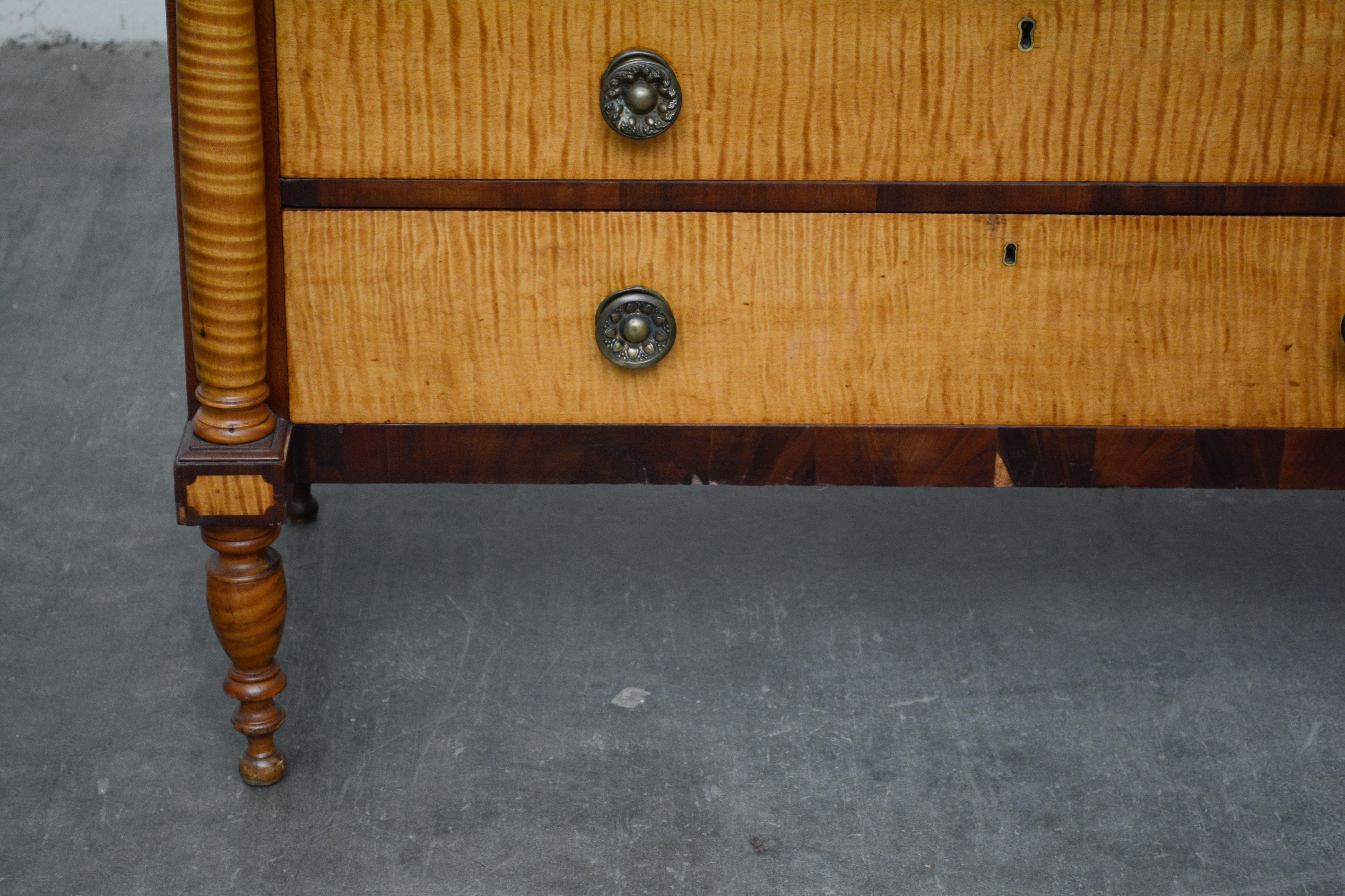 American Empire Tiger Maple and Mahogany Chest of Drawers, Mid-19th Century