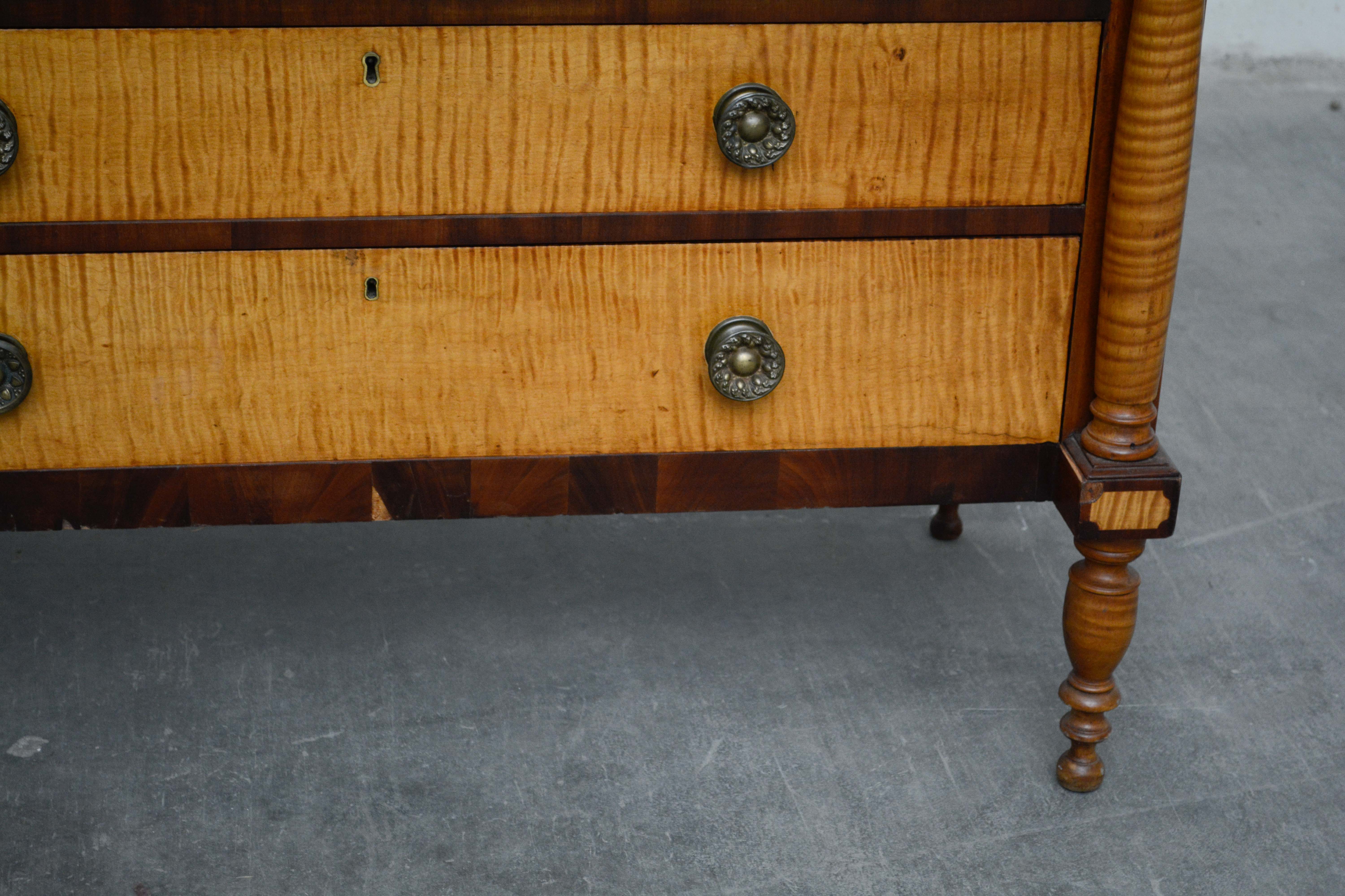 American Empire Tiger Maple and Mahogany Chest of Drawers, Mid-19th Century