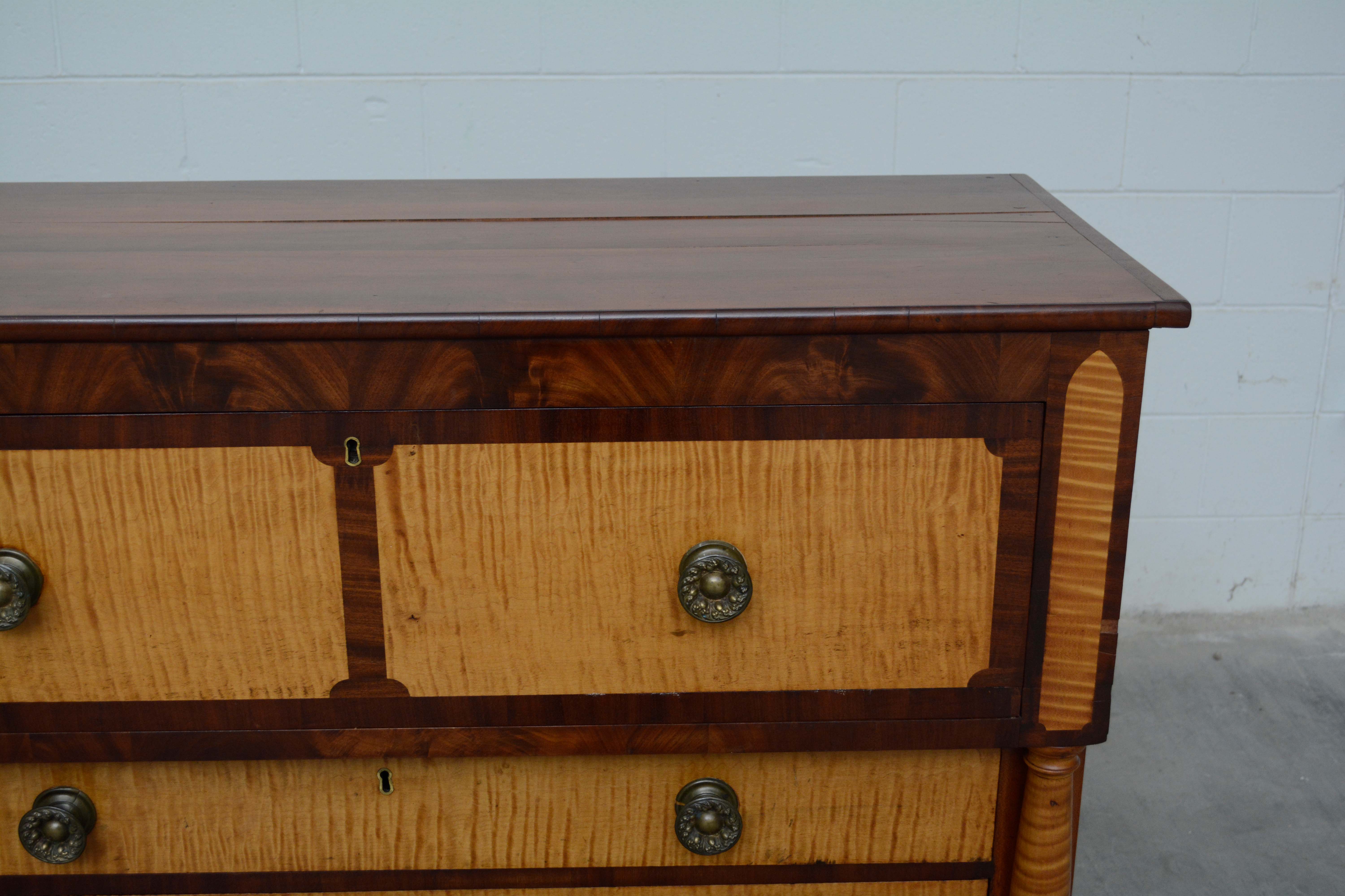 American Empire Tiger Maple and Mahogany Chest of Drawers, Mid-19th Century