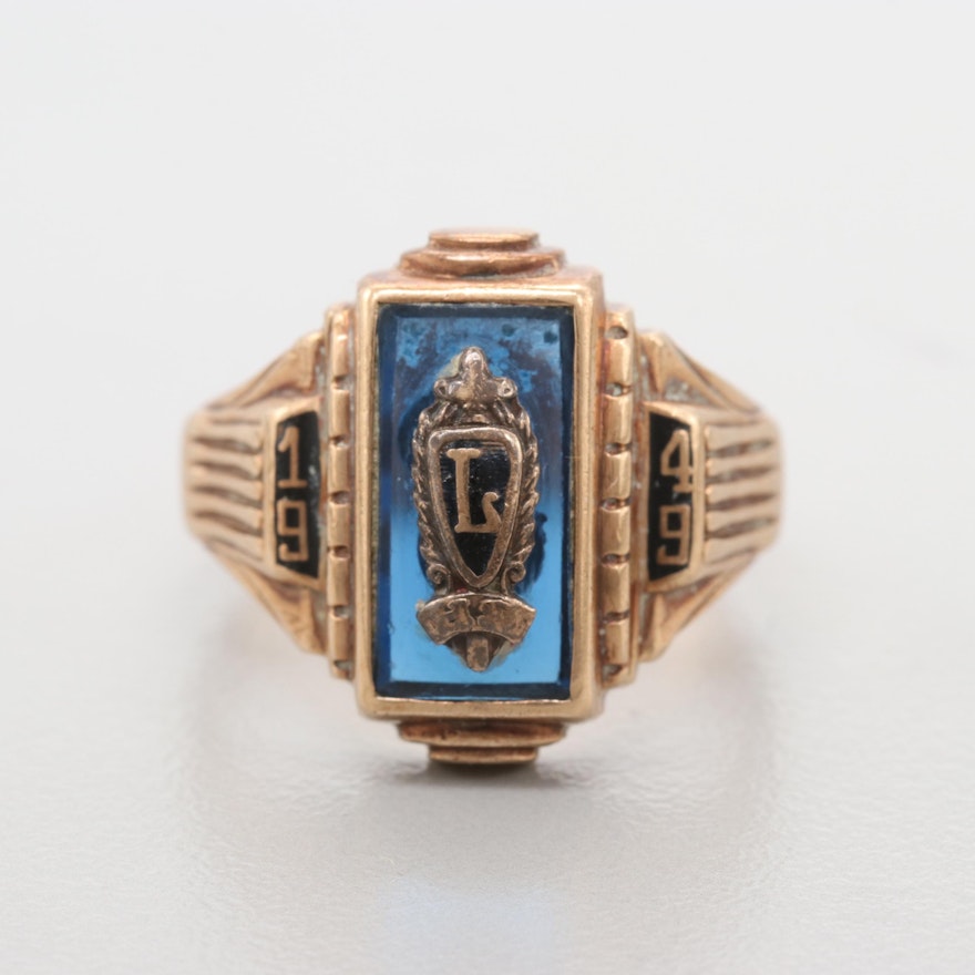 Vintage 1949 10K Yellow Gold Synthetic Spinel and Enamel Class Ring