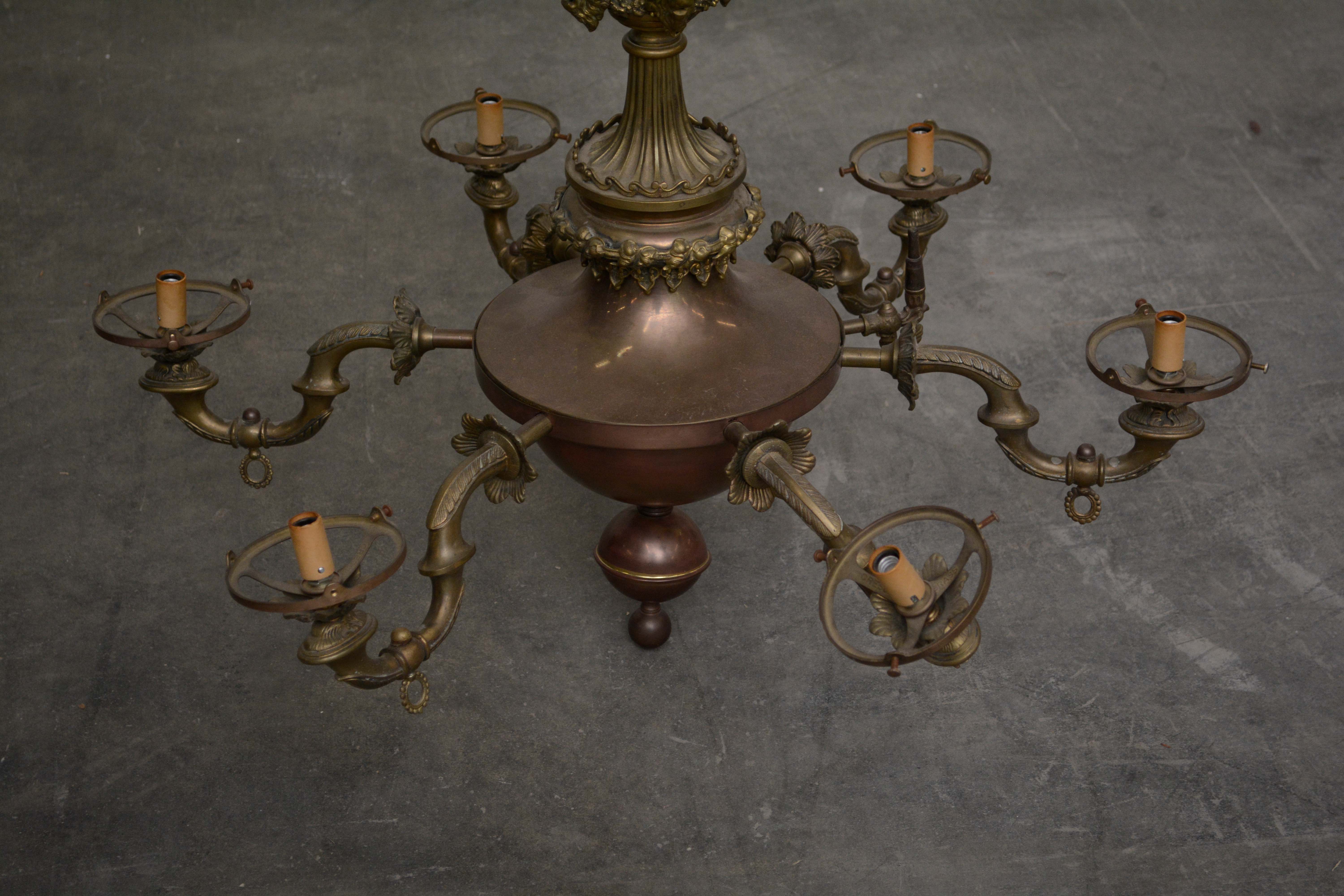 Cast Brass Ram Head and Leaf Six Arm Chandelier with Glass Shades