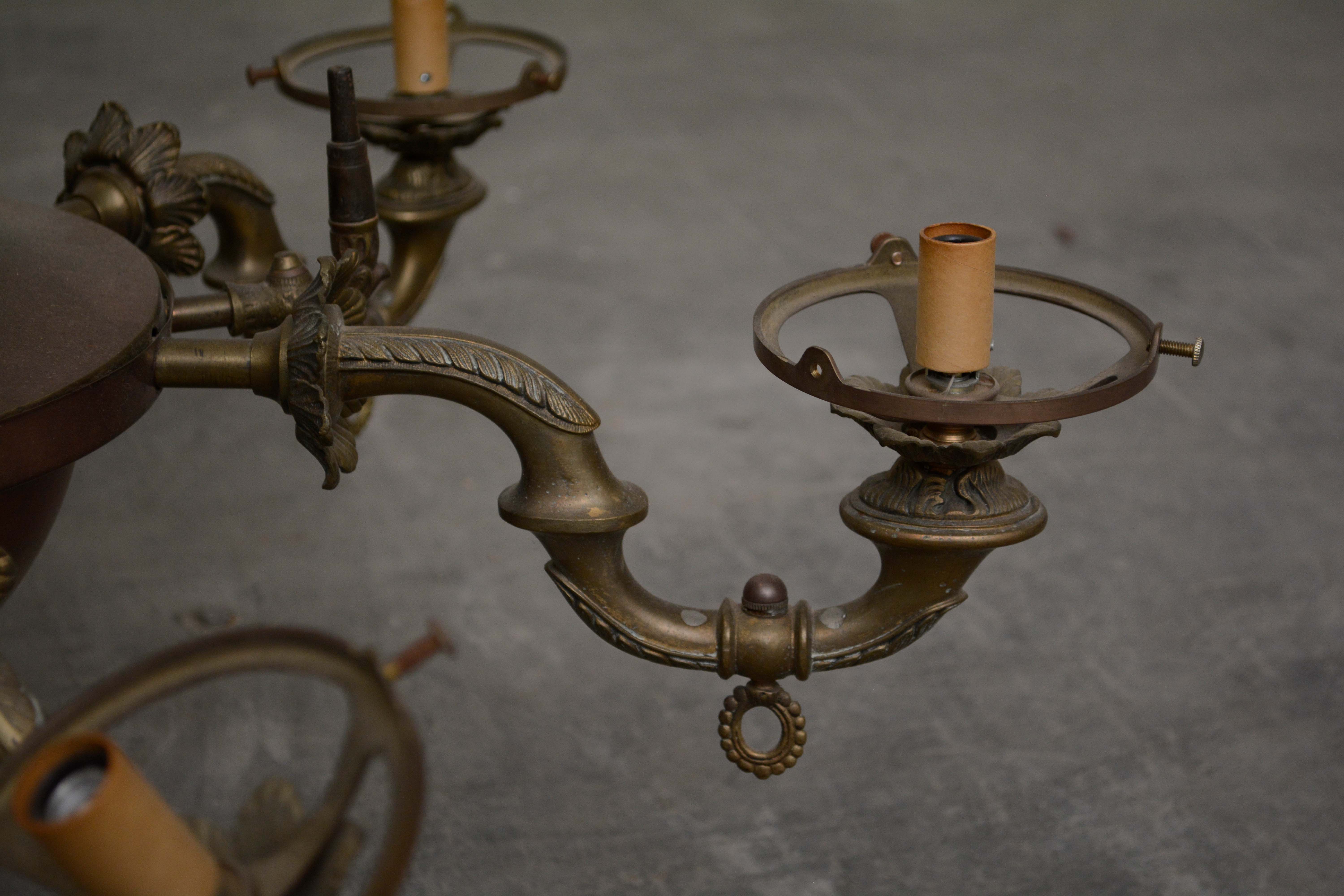 Cast Brass Ram Head and Leaf Six Arm Chandelier with Glass Shades