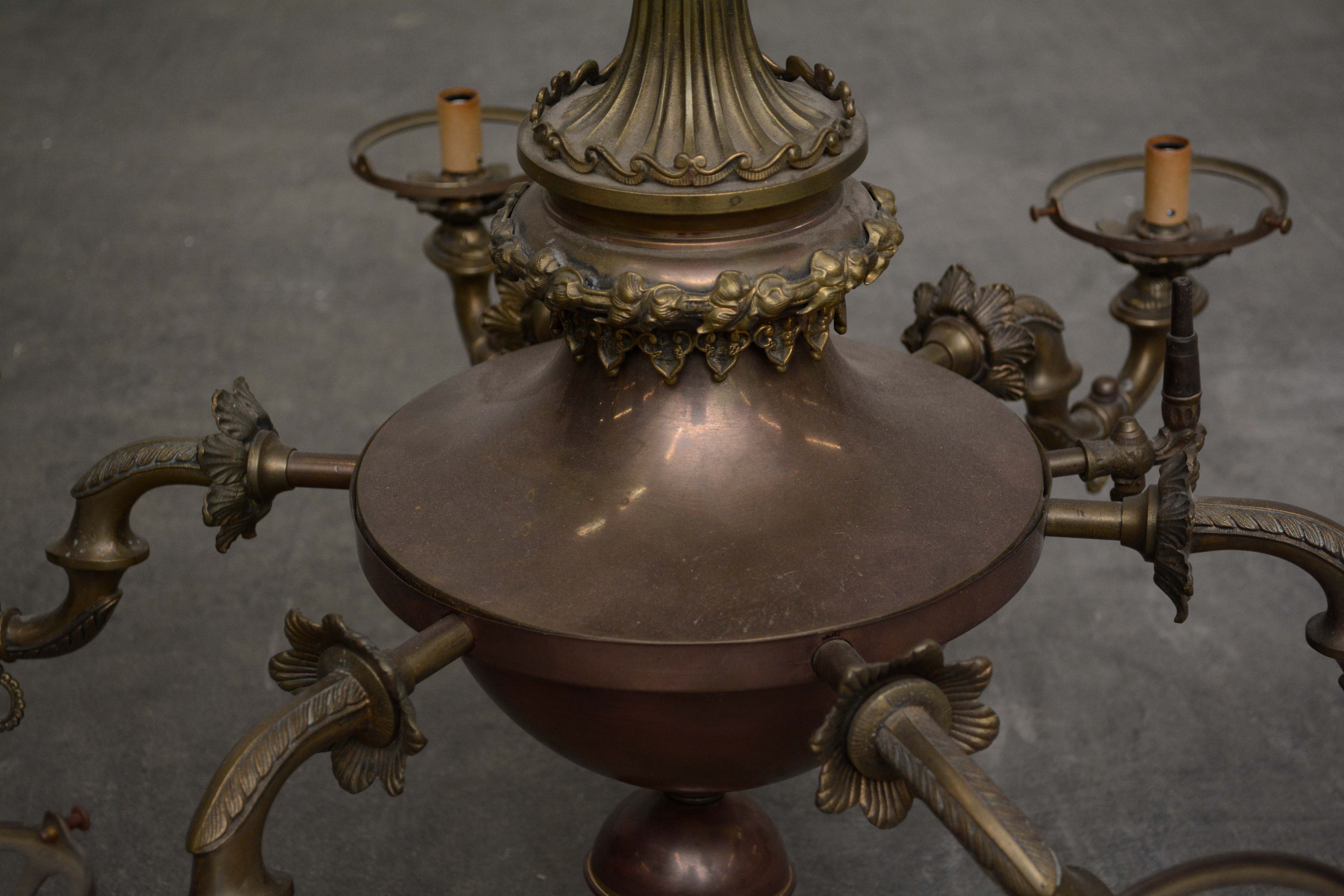 Cast Brass Ram Head and Leaf Six Arm Chandelier with Glass Shades