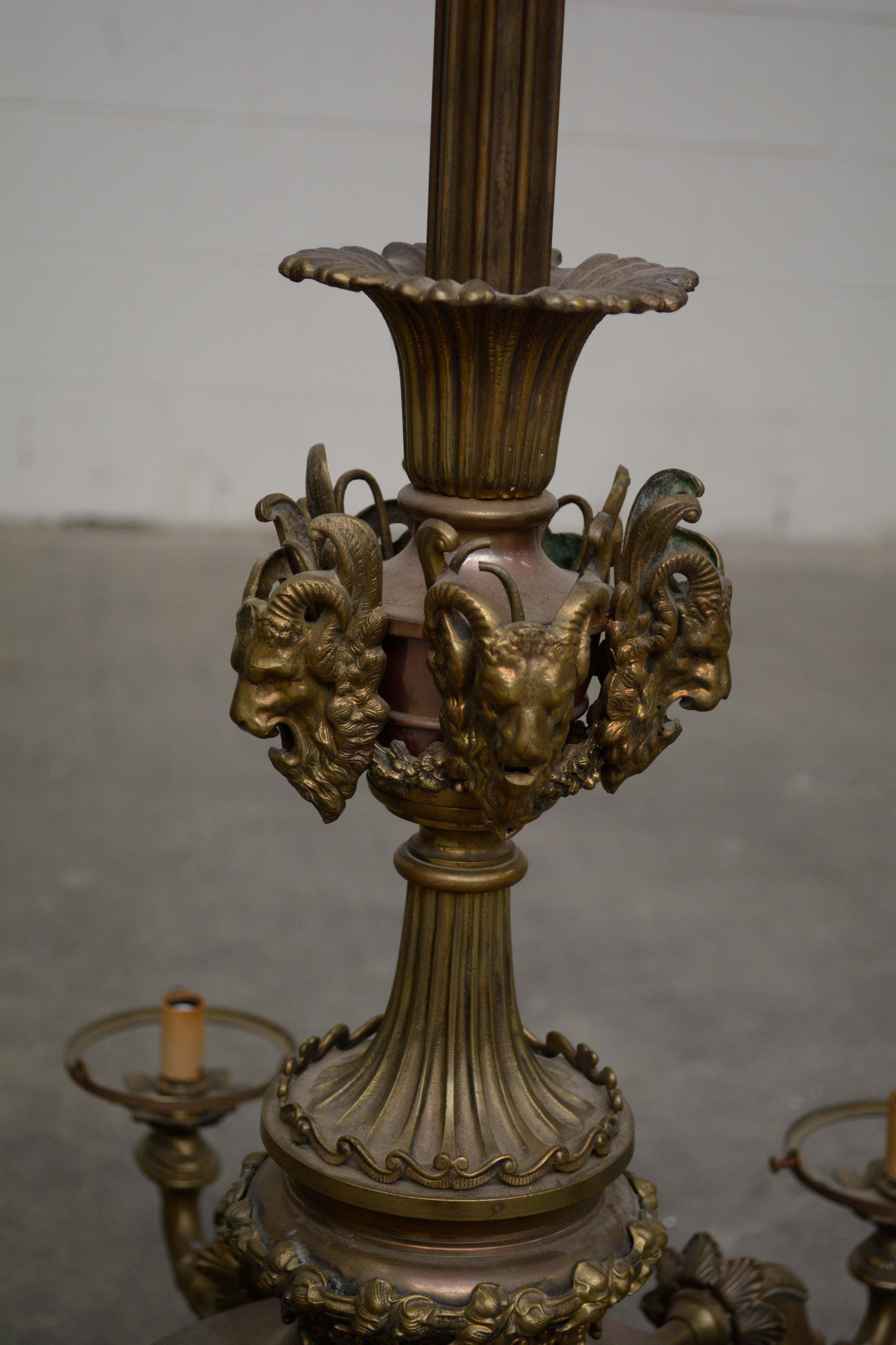 Cast Brass Ram Head and Leaf Six Arm Chandelier with Glass Shades