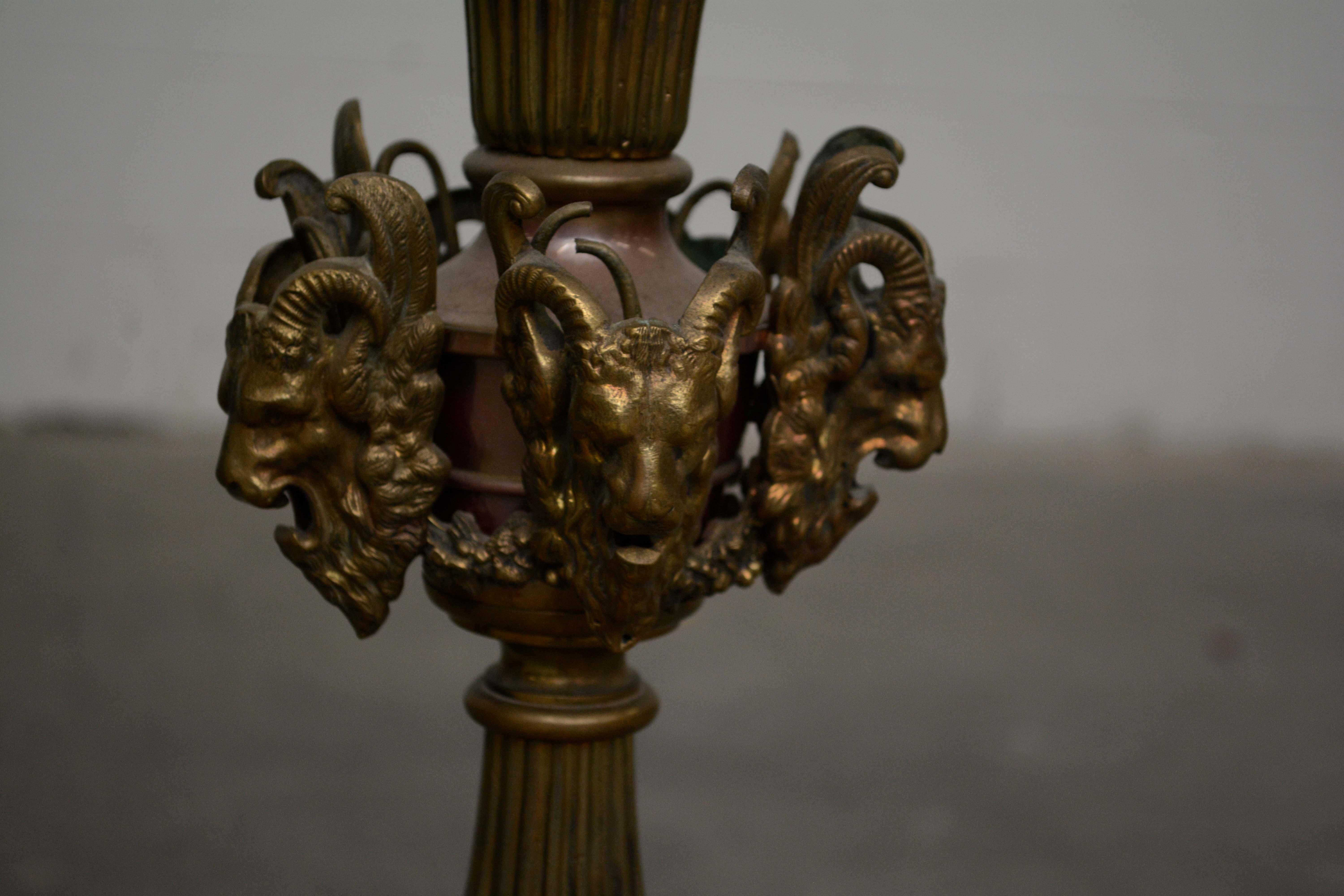 Cast Brass Ram Head and Leaf Six Arm Chandelier with Glass Shades