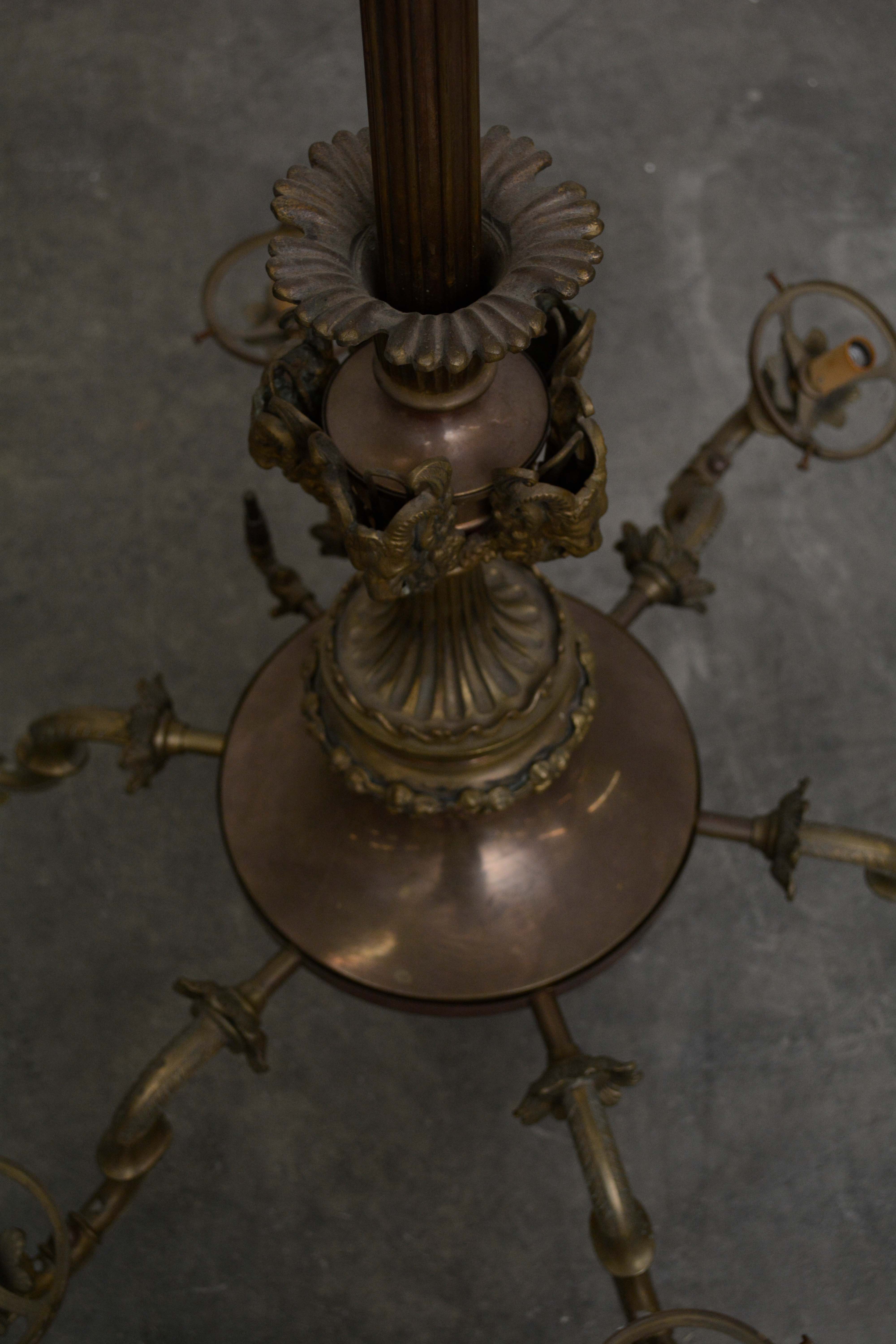 Cast Brass Ram Head and Leaf Six Arm Chandelier with Glass Shades