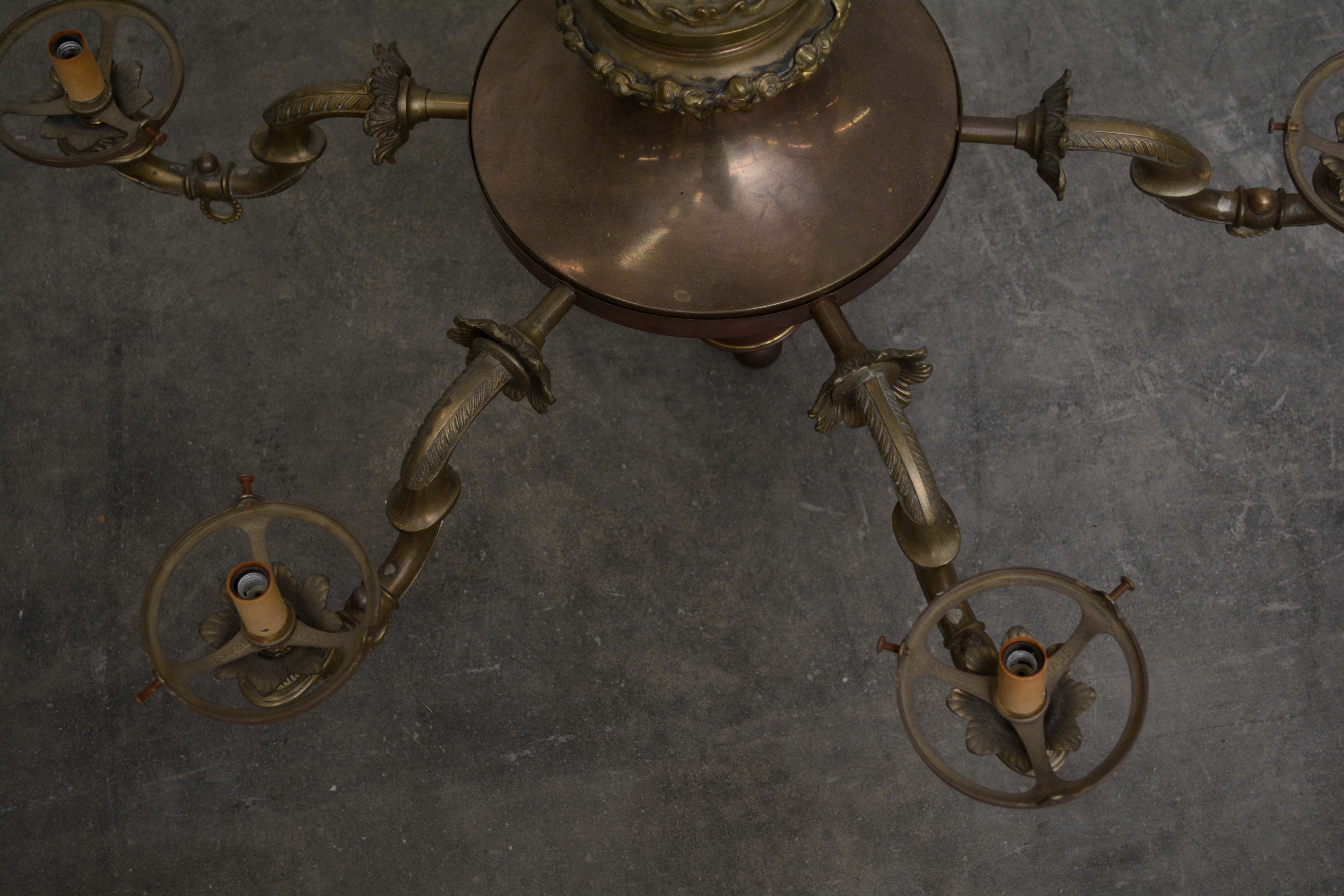 Cast Brass Ram Head and Leaf Six Arm Chandelier with Glass Shades