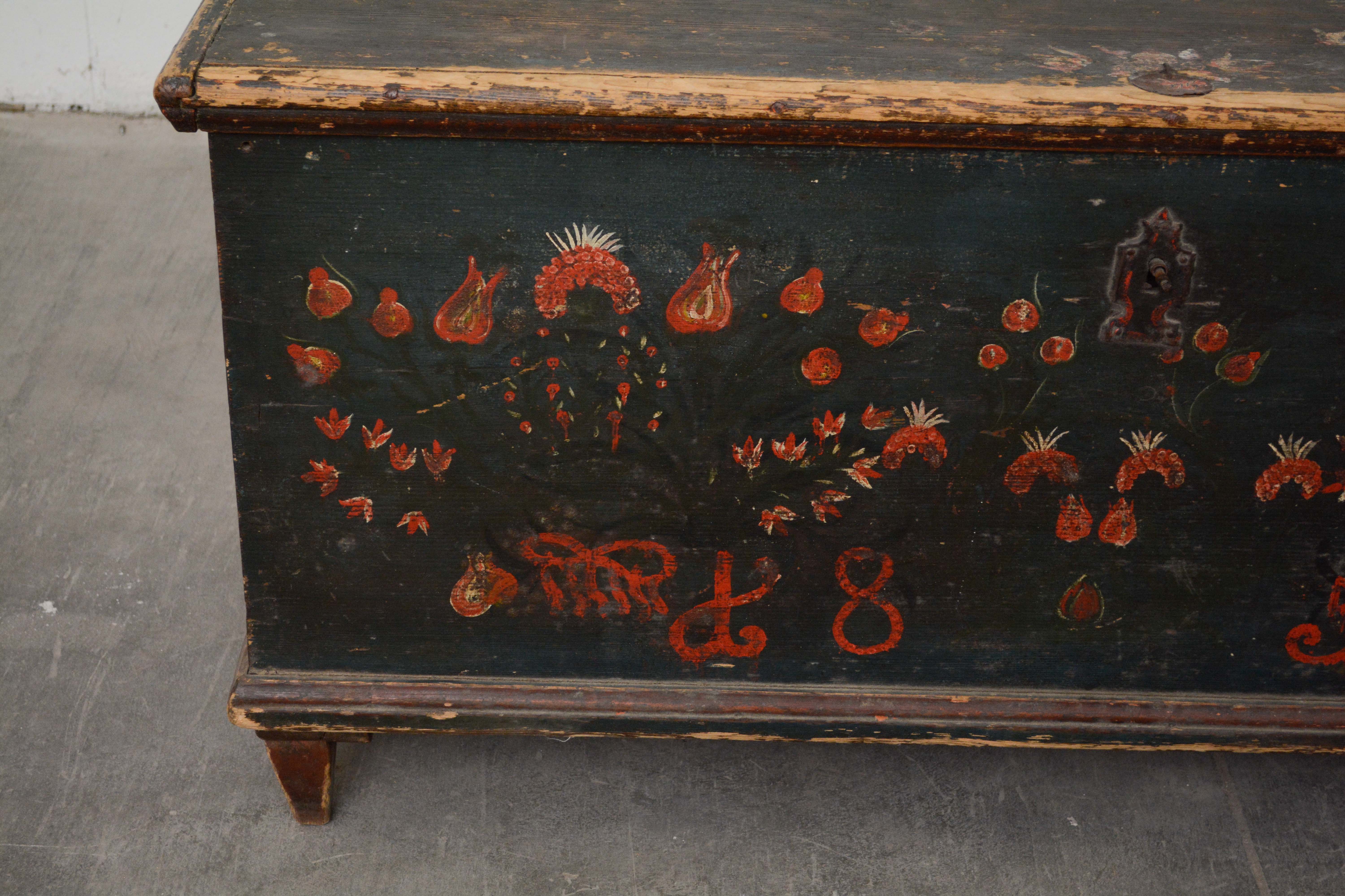 Swedish Paint-Decorated Pine Trunk, dated 1856