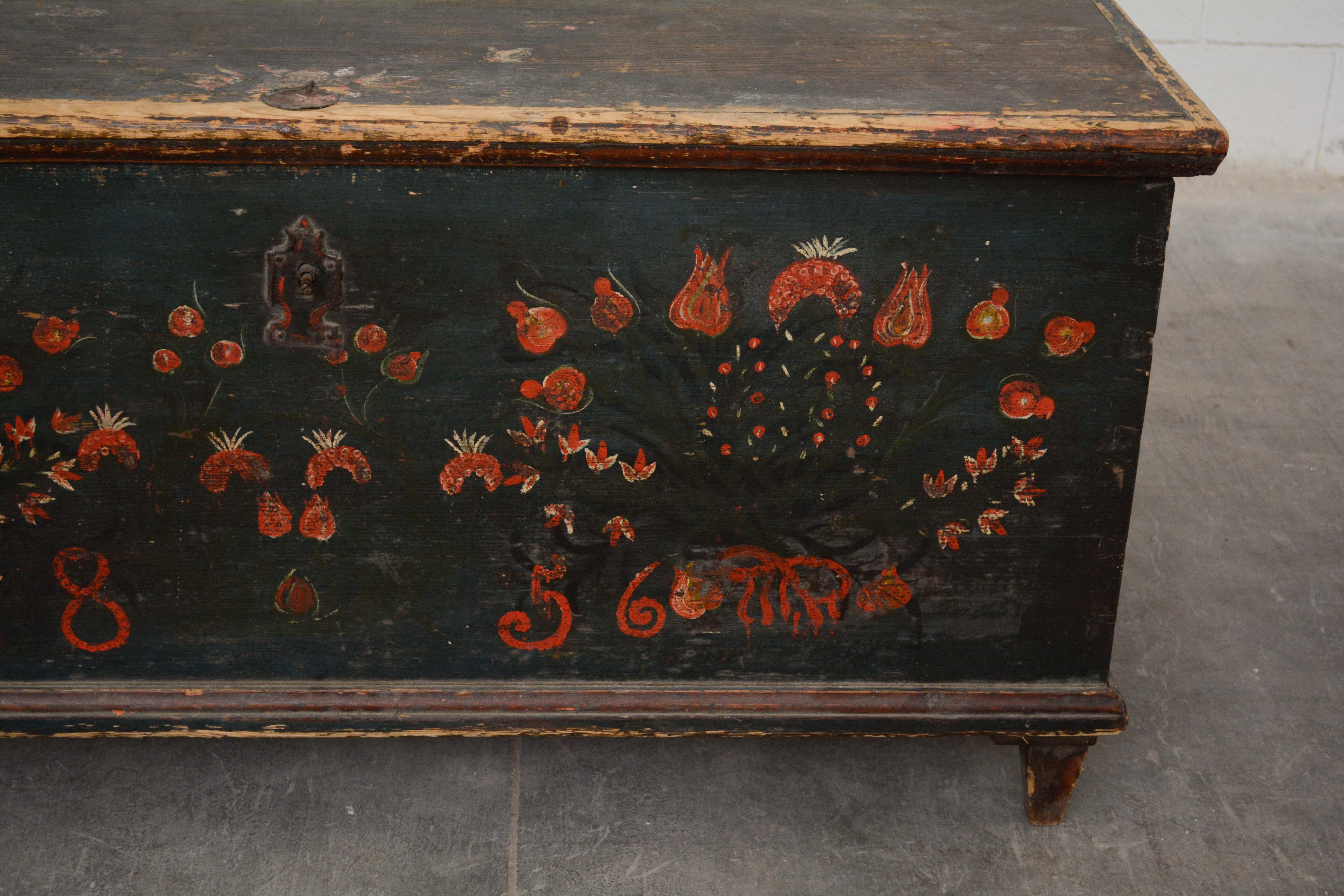 Swedish Paint-Decorated Pine Trunk, dated 1856