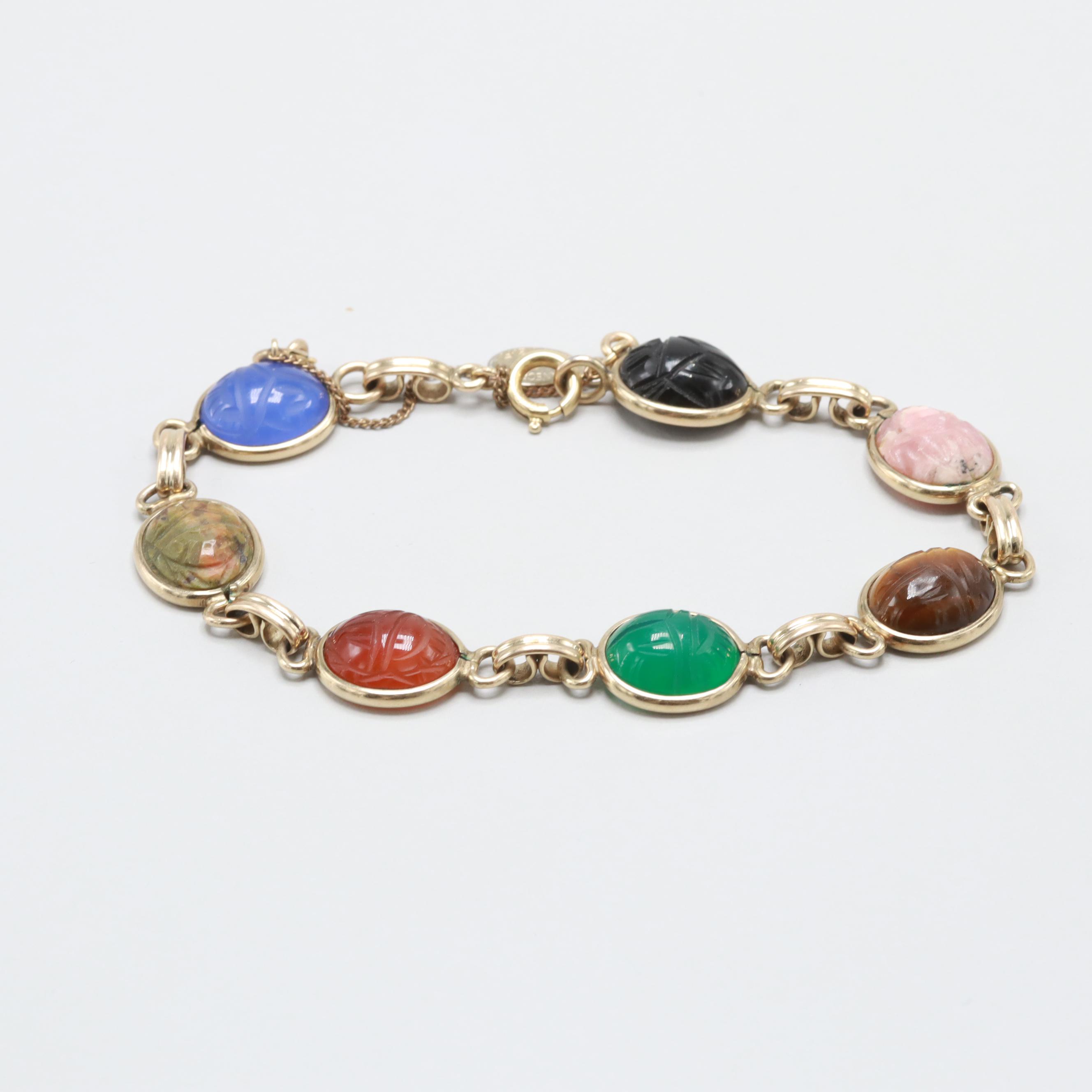 Gold Tone Tiger's Eye, Rhodochrosite and Unakite Bracelet and Brooch