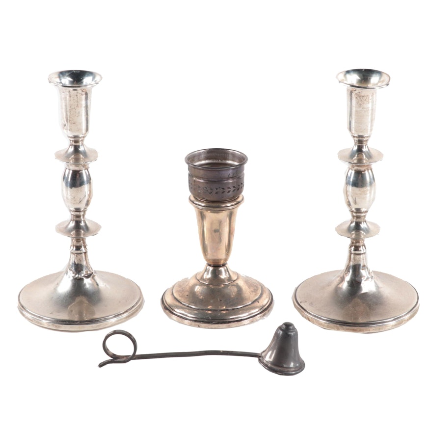 Baldwin & Miller Weighted Sterling Candlesticks with Candle Holder and Snuffer