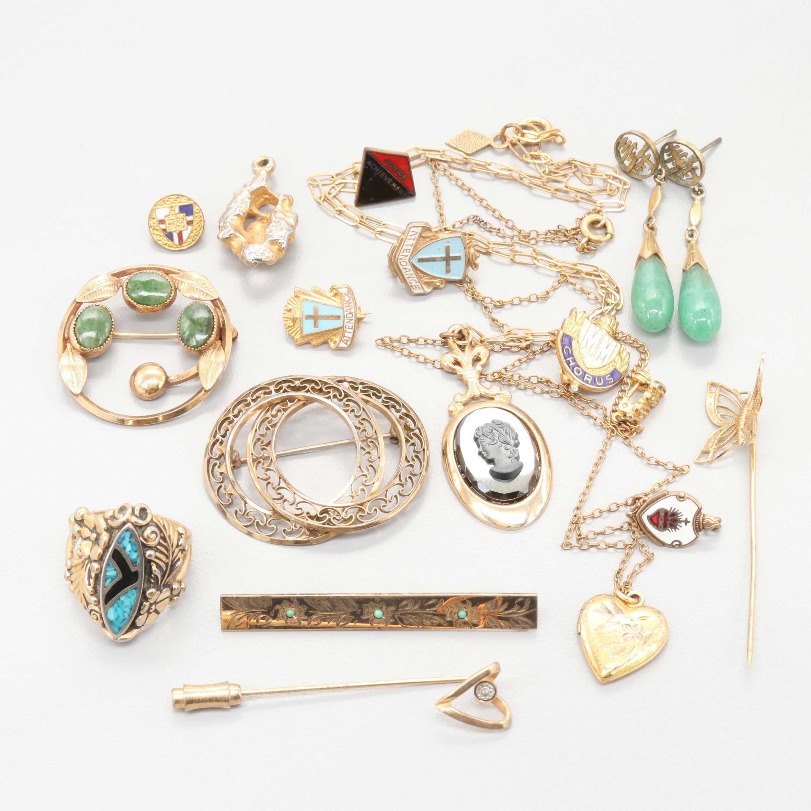 Vintage Gold Tone Serpentine, Enamel and Aventurine with Catamore and Winard