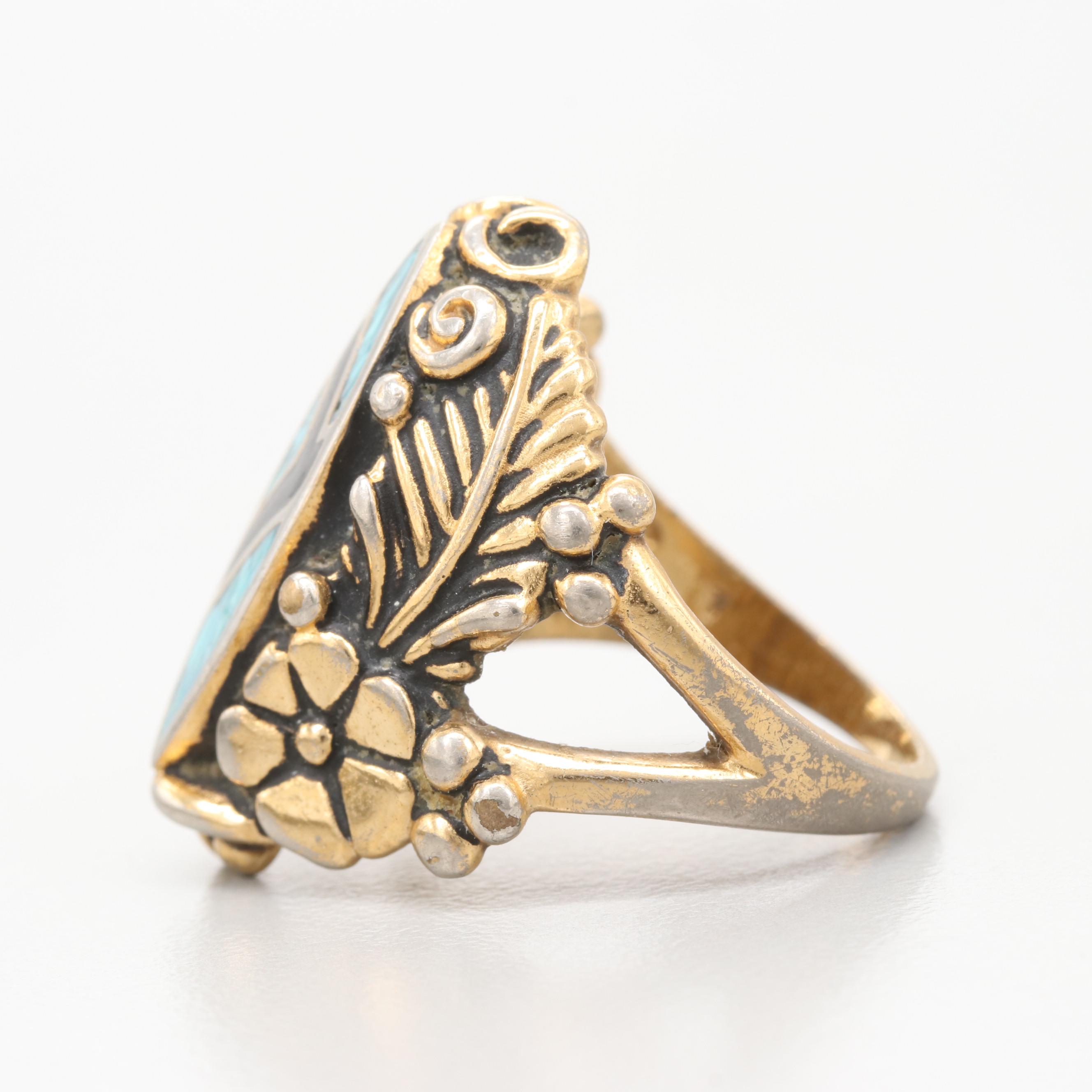 Vintage Gold Tone Serpentine, Enamel and Aventurine with Catamore and Winard