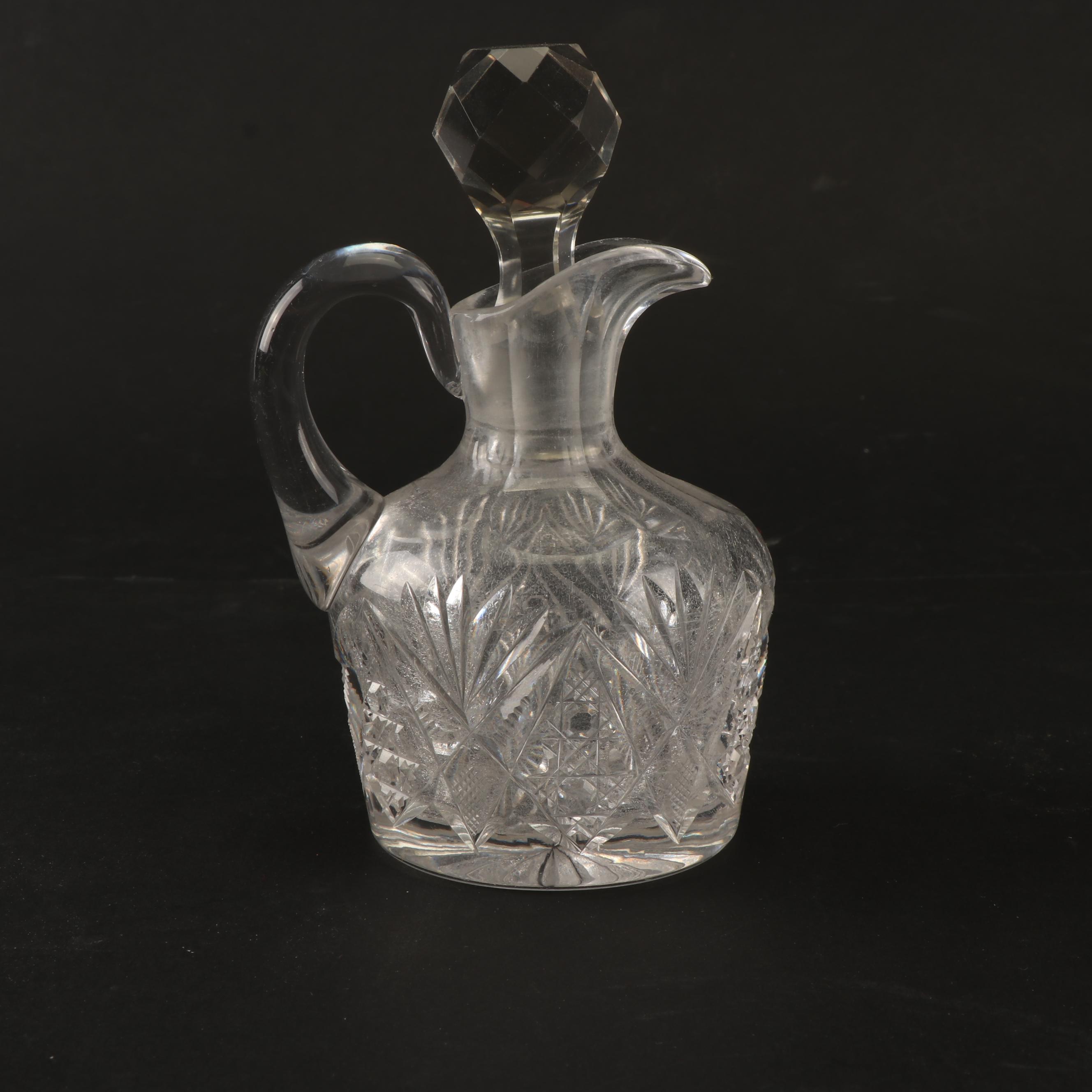 Vintage Pressed Glass Knife Rest, Candy Dishes, and Cruet with Cut Crystal Cruet