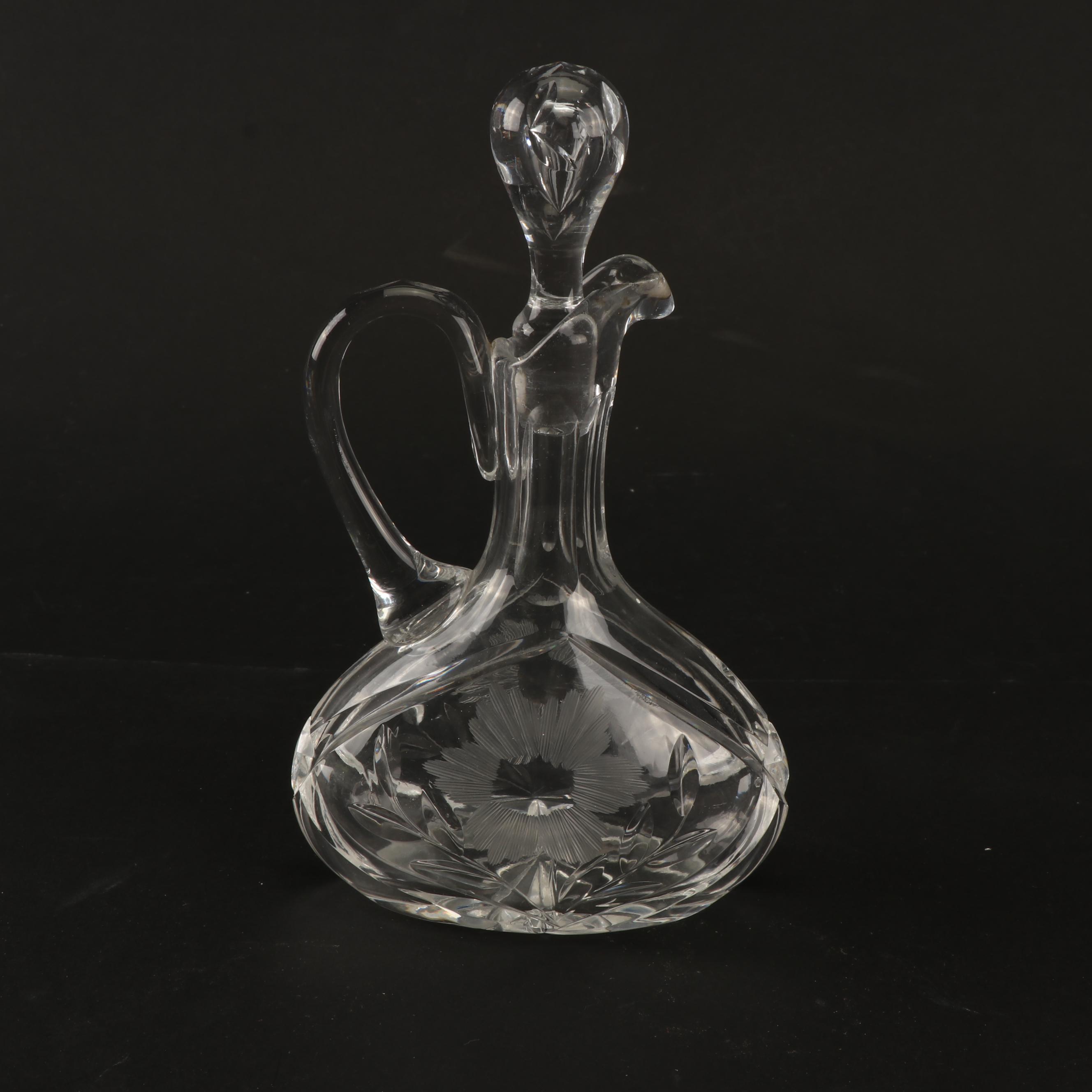 Vintage Pressed Glass Knife Rest, Candy Dishes, and Cruet with Cut Crystal Cruet