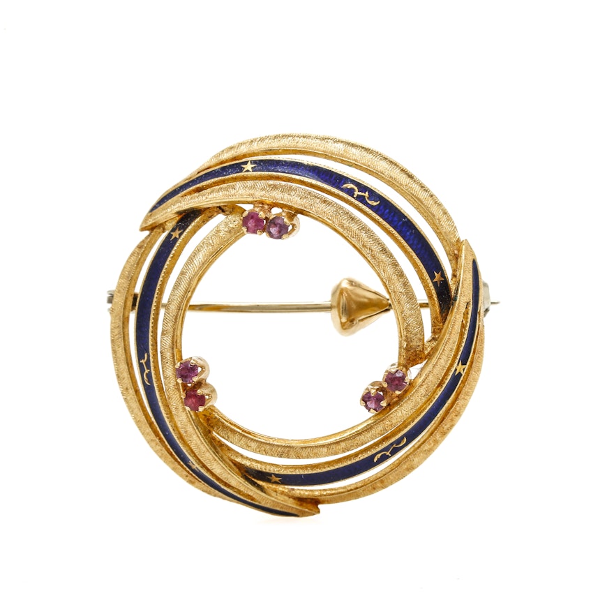 Vintage 14K Yellow Gold Ruby and Enamel Brooch