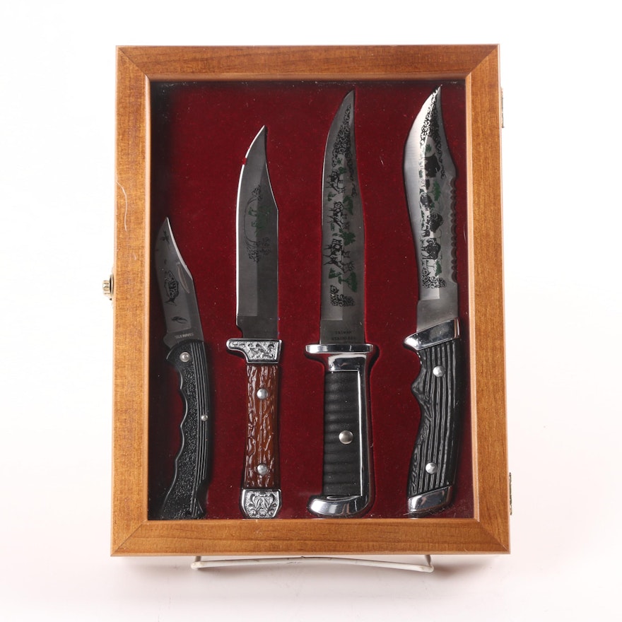 Stainless Steel Hunting Knives in Wooden Display Case