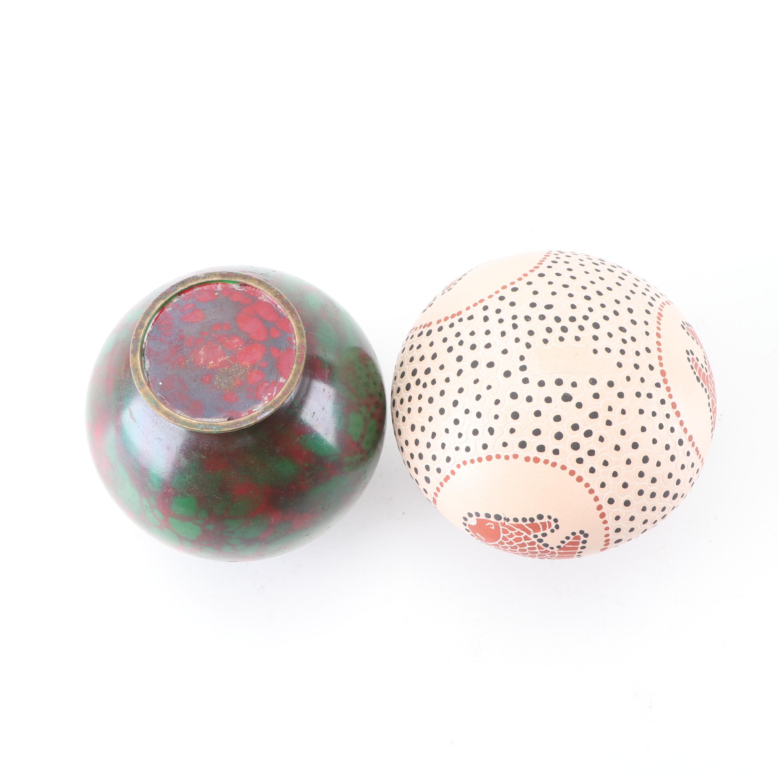 Luz Elva Gutierrez Mata Ortiz Polychrome Vase and Mottled Green Brass Vase