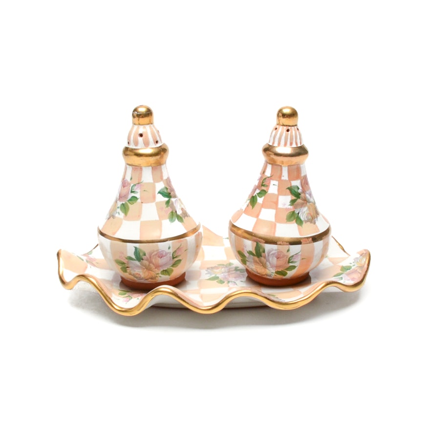 MacKenzie Childs Salt and Pepper Shakers with Decorative Tray