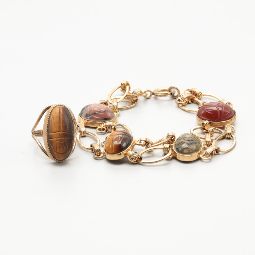Gold Tone Tiger's Eye, Rhodonite and Carnelian Scarab Bracelet and Ring
