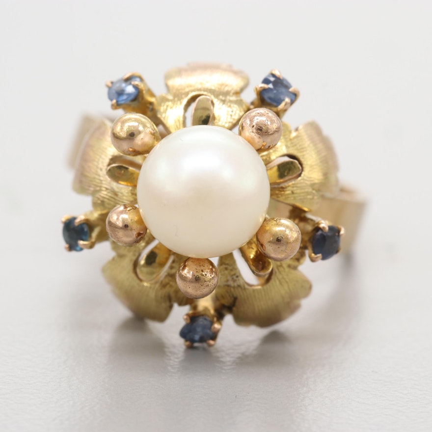 Vintage 10K Yellow Gold Floral Motif Cultured Pearl and Blue Sapphire Ring
