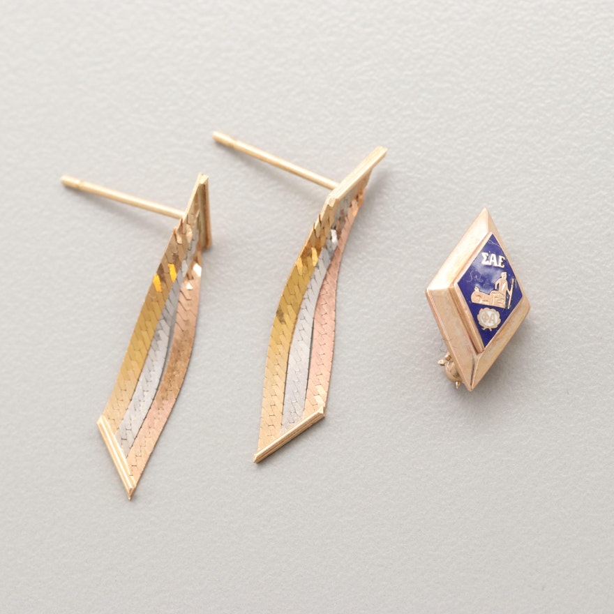 14K Tricolor and 10K Yellow Gold Earrings and Enamel Sigma Alpha Epsilon Pin