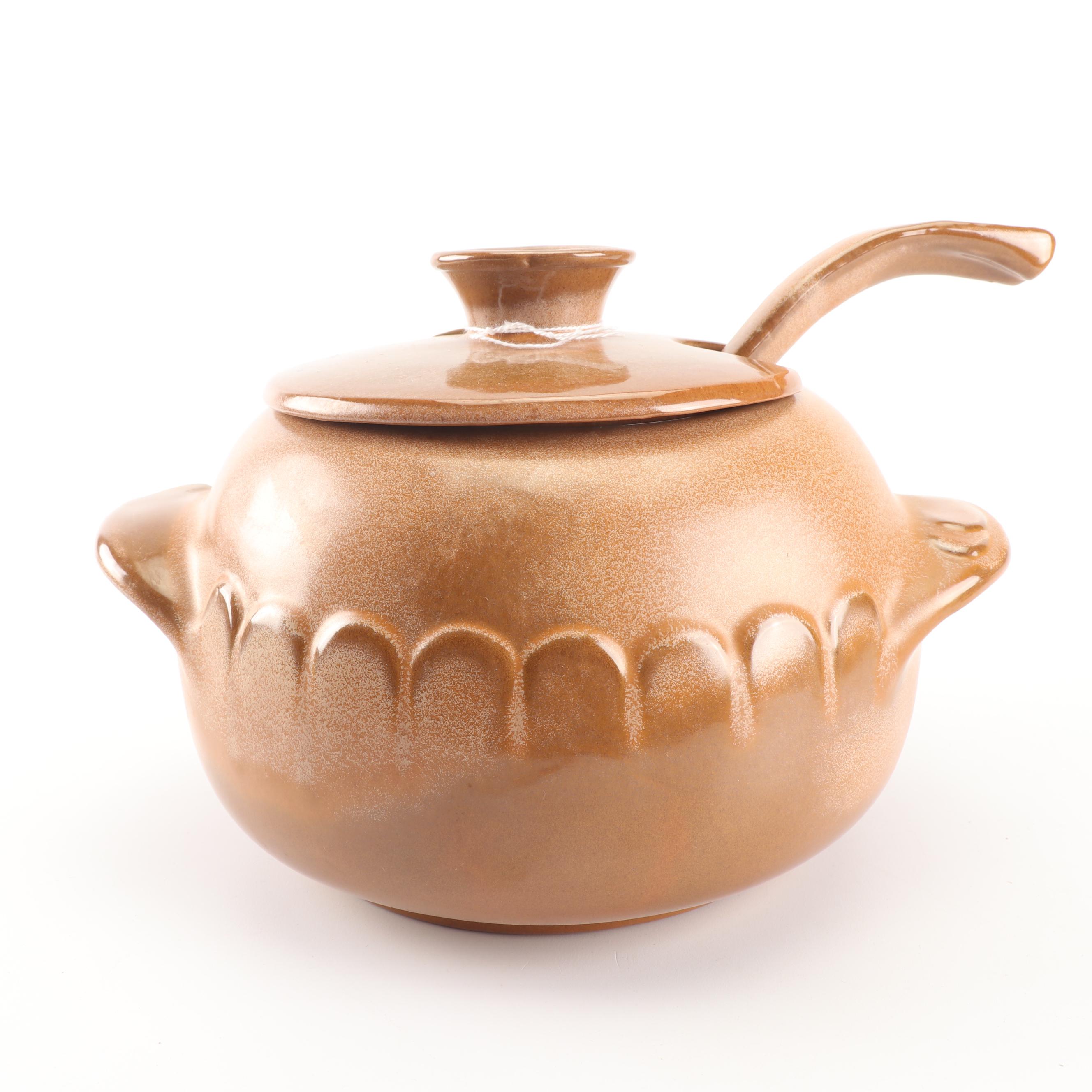 Frankoma Pottery Mug and "Lazy Bones" Cinnamon Glazed Soup Tureen with Warmer