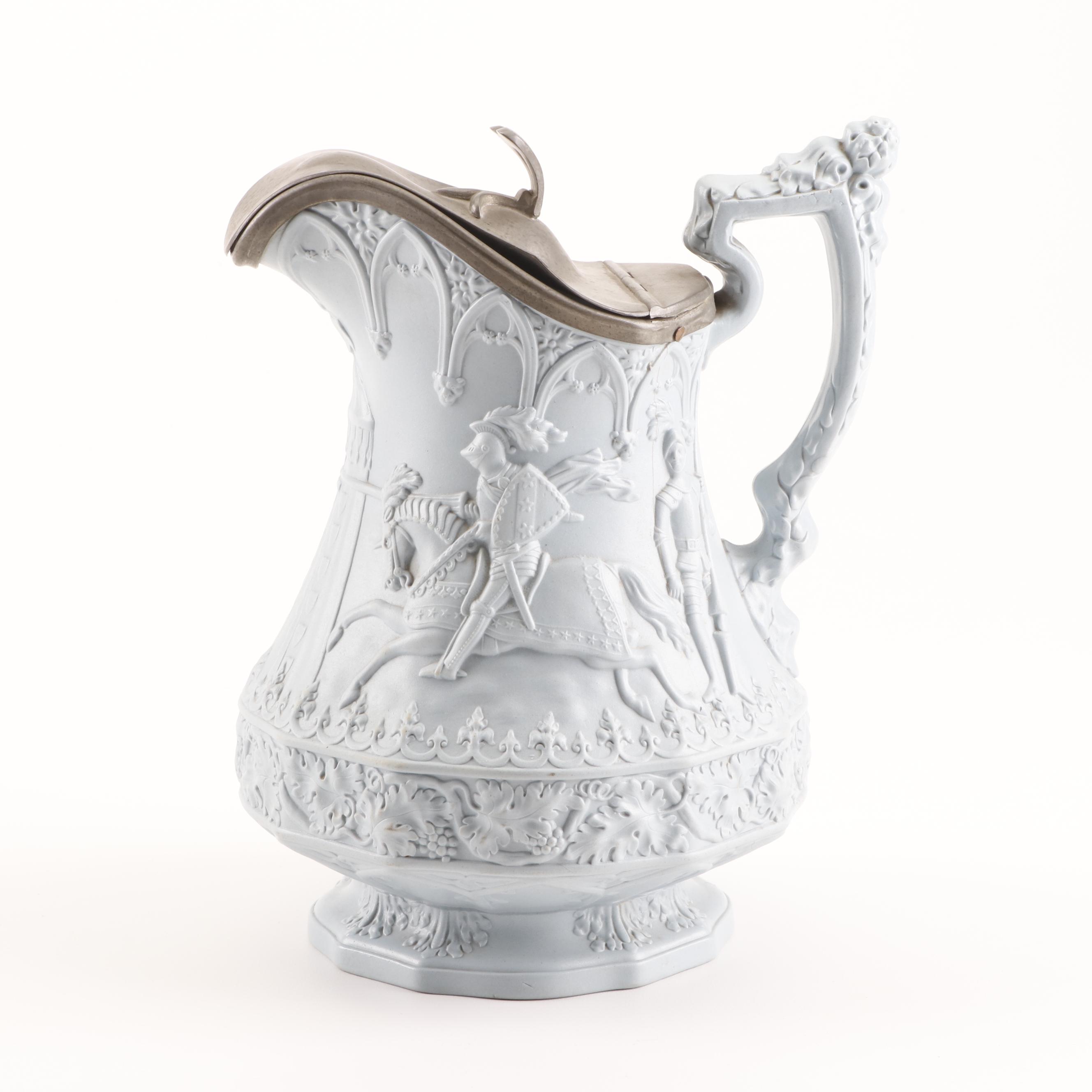 W. Ridgway Son & Co. Jousting Knight Scene Salt-Glazed Pitcher, 1840