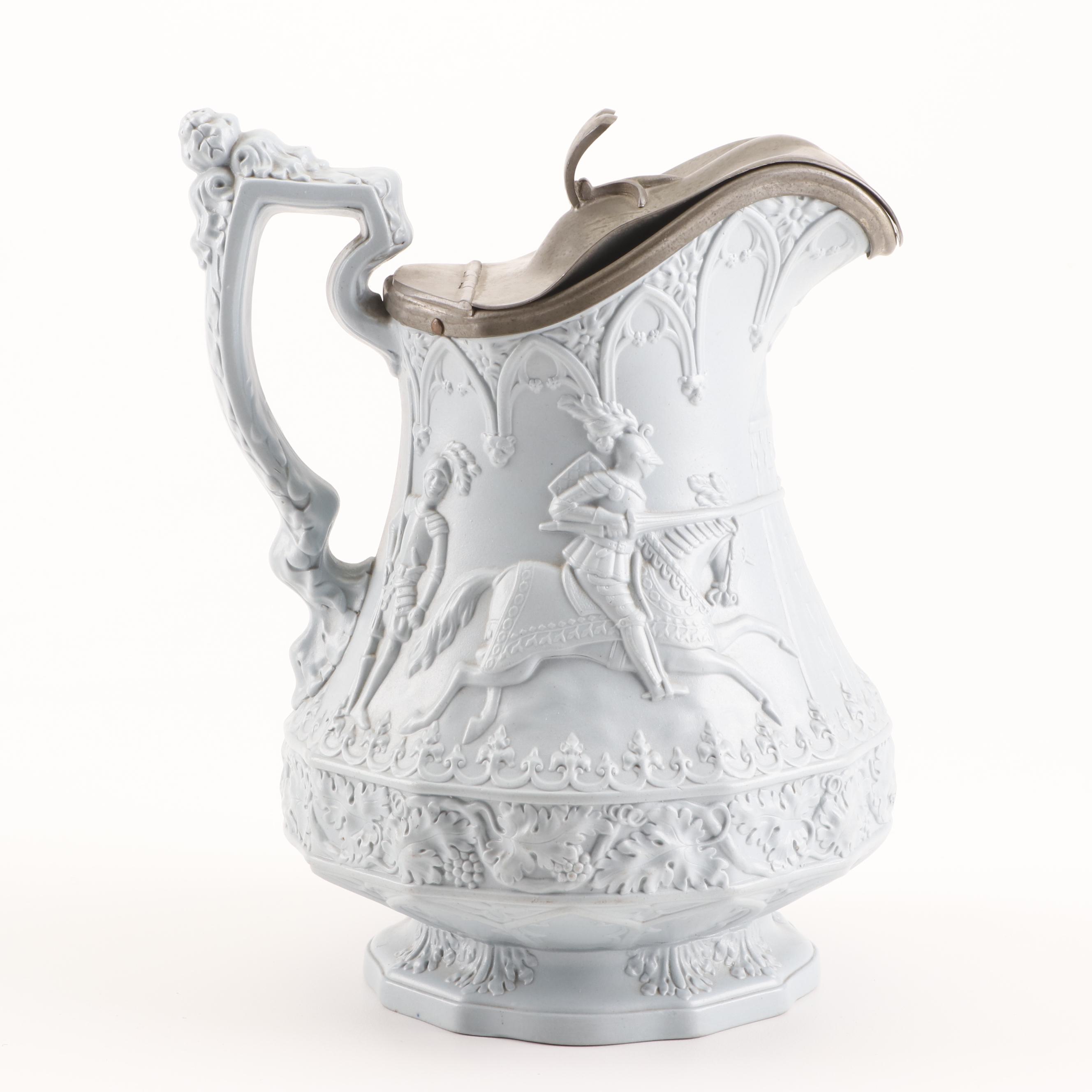 W. Ridgway Son & Co. Jousting Knight Scene Salt-Glazed Pitcher, 1840