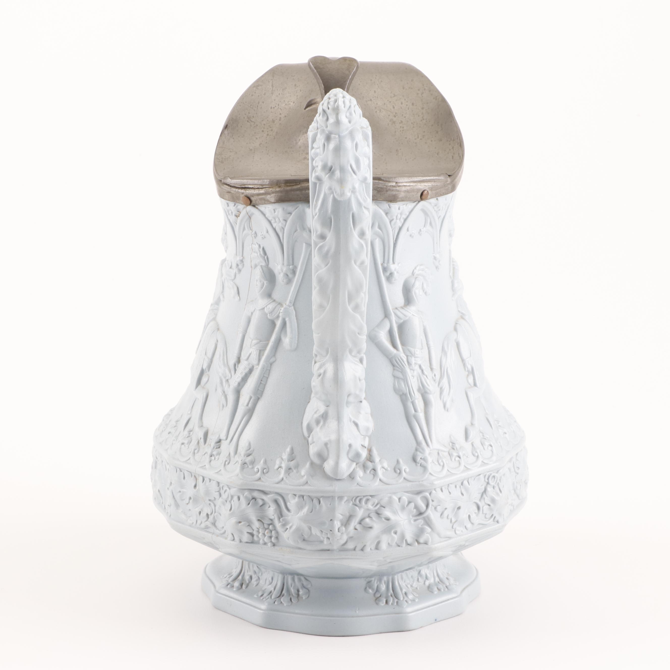 W. Ridgway Son & Co. Jousting Knight Scene Salt-Glazed Pitcher, 1840