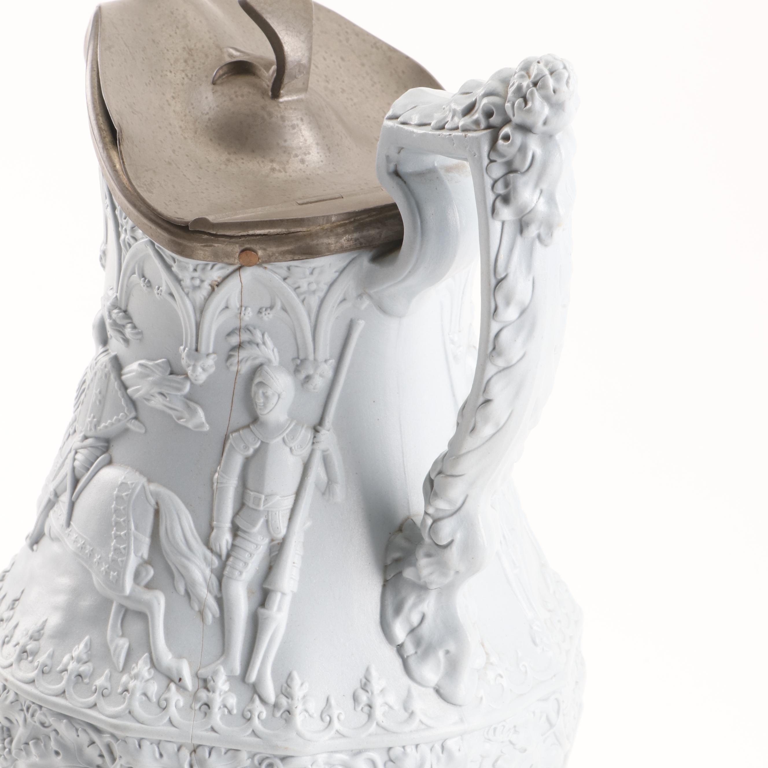 W. Ridgway Son & Co. Jousting Knight Scene Salt-Glazed Pitcher, 1840